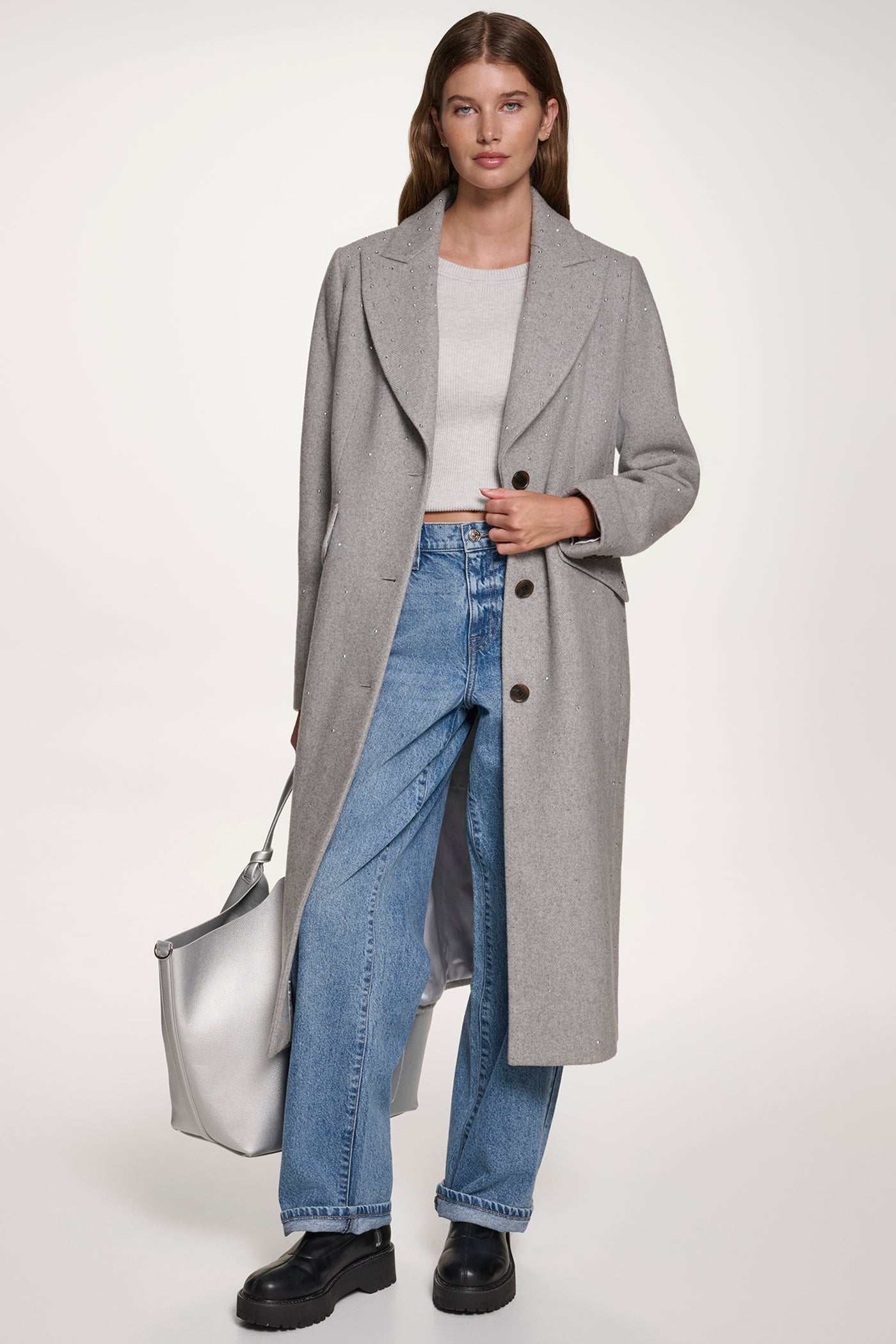 GREY COAT JACKET WITH SATIN DETAILS VIEW 4 | WOMENS COATS & JACKETS GREY COAT JACKET WITH SATIN DETAILS VIEW 4 | WOMENS COATS & JACKETS