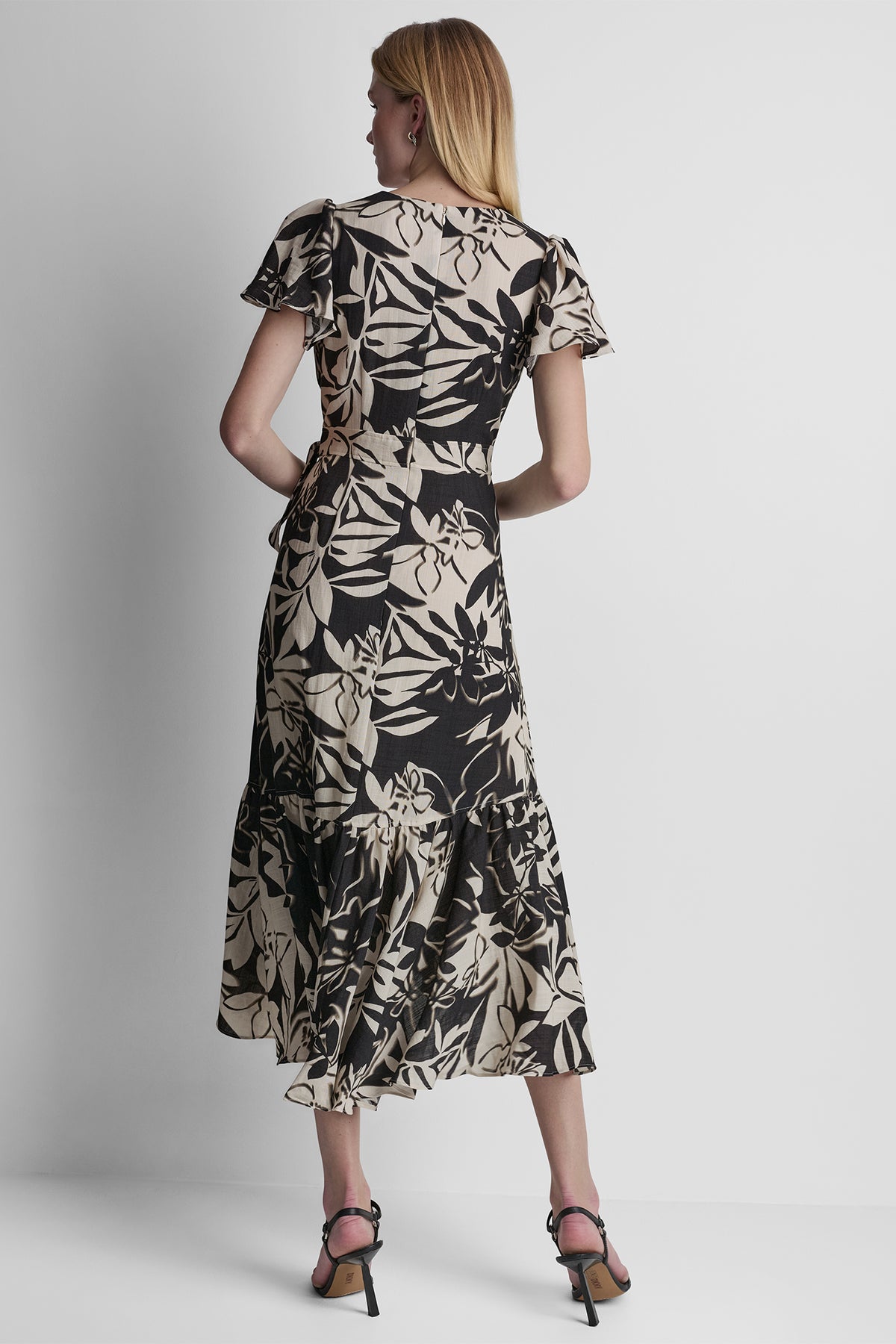 dkny women's floral cowlneck fit & flare midi dress DKNY Women's Black Floral-Print Ruffled Midi Dress  COUTUREPOINT