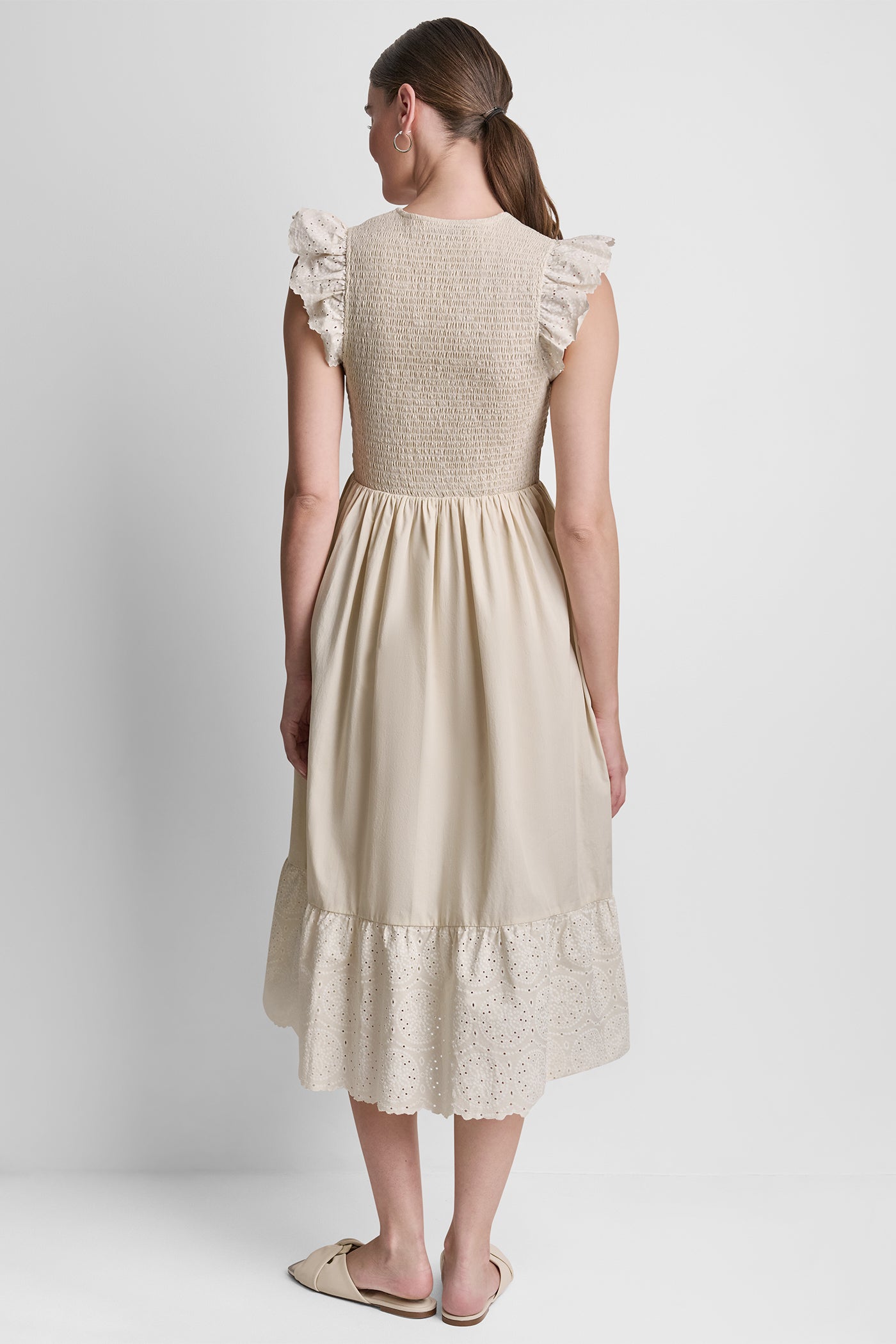 COTTON FLUTTER SLEEVE V-NECK MIDI FIT & FLARE DRESS VIEW 3 COTTON FLUTTER SLEEVE V-NECK MIDI FIT & FLARE DRESS VIEW 3