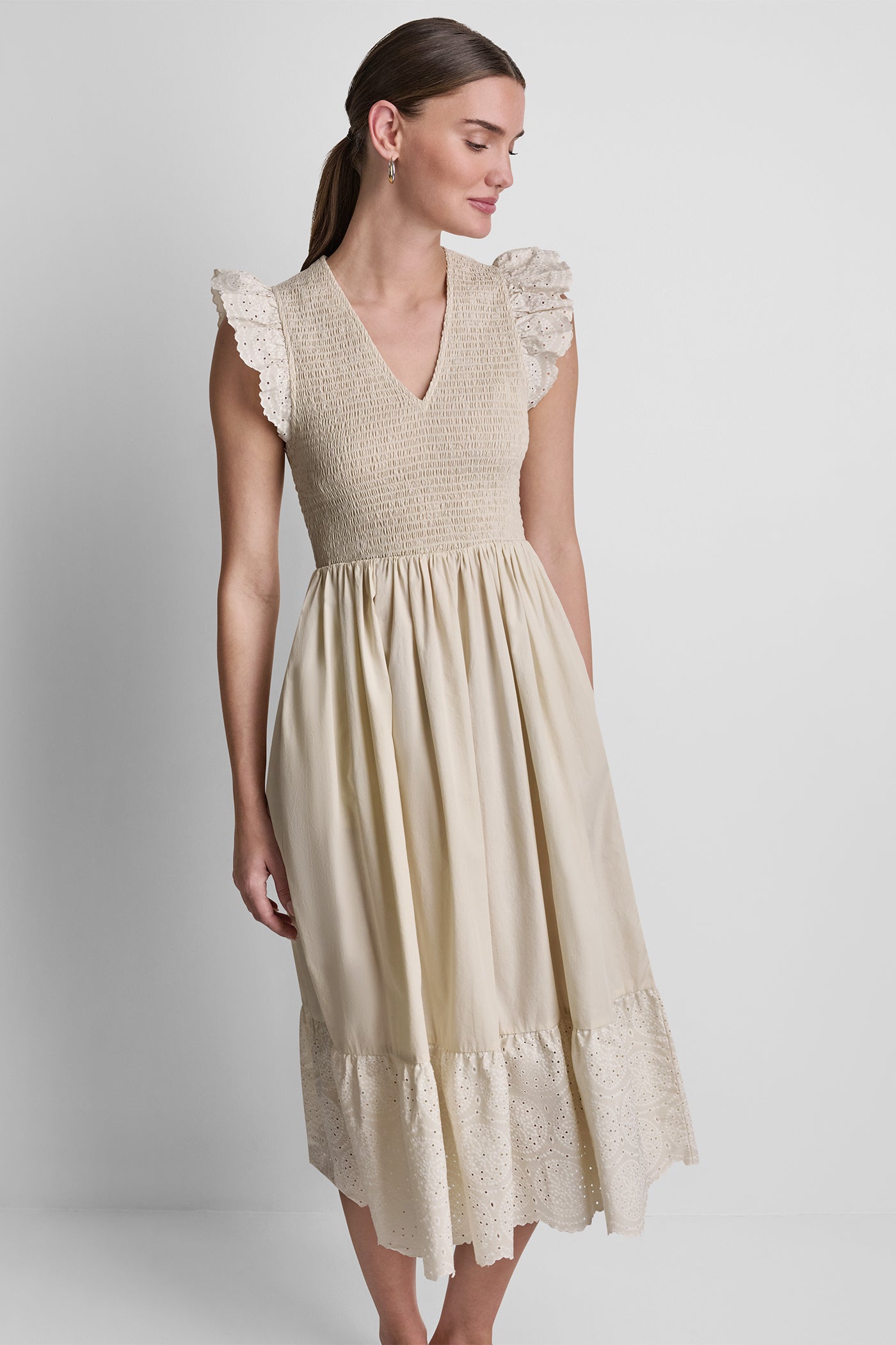 COTTON FLUTTER SLEEVE V-NECK MIDI FIT & FLARE DRESS VIEW 5 COTTON FLUTTER SLEEVE V-NECK MIDI FIT & FLARE DRESS VIEW 5
