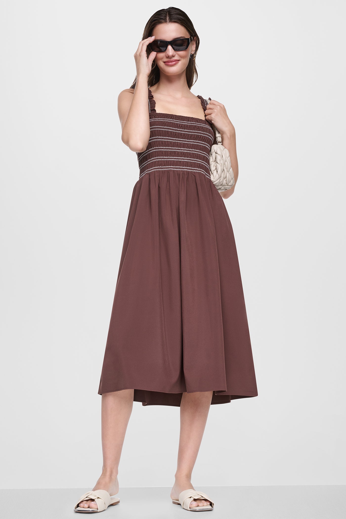 SLEEVELESS SMOCKED MIDI A-LINE DRESS VIEW 7 | NEW NEUTRALS SLEEVELESS SMOCKED MIDI A-LINE DRESS VIEW 7 | NEW NEUTRALS