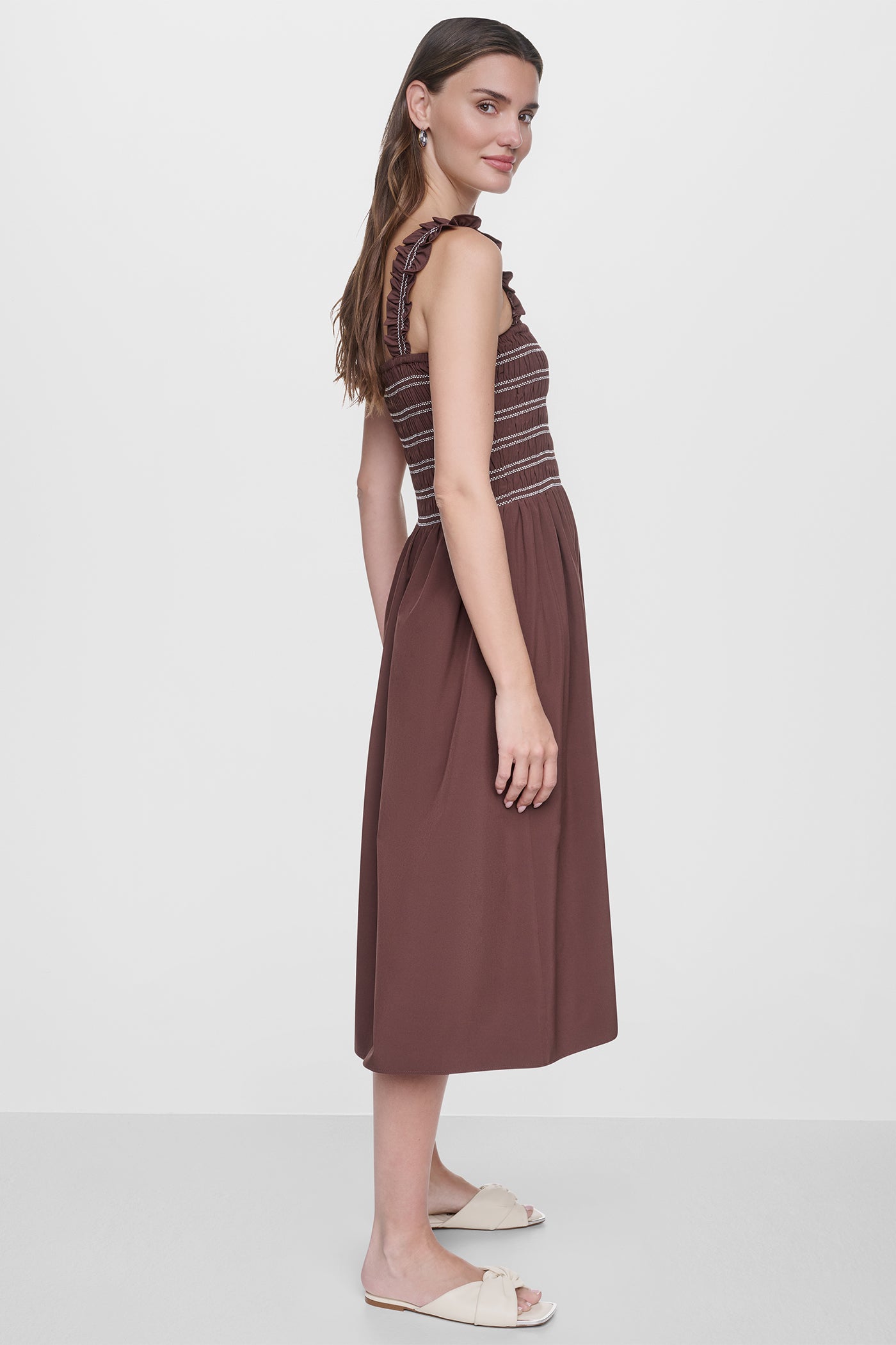 SLEEVELESS SMOCKED MIDI A-LINE DRESS VIEW 3 | NEW NEUTRALS SLEEVELESS SMOCKED MIDI A-LINE DRESS VIEW 3 | NEW NEUTRALS