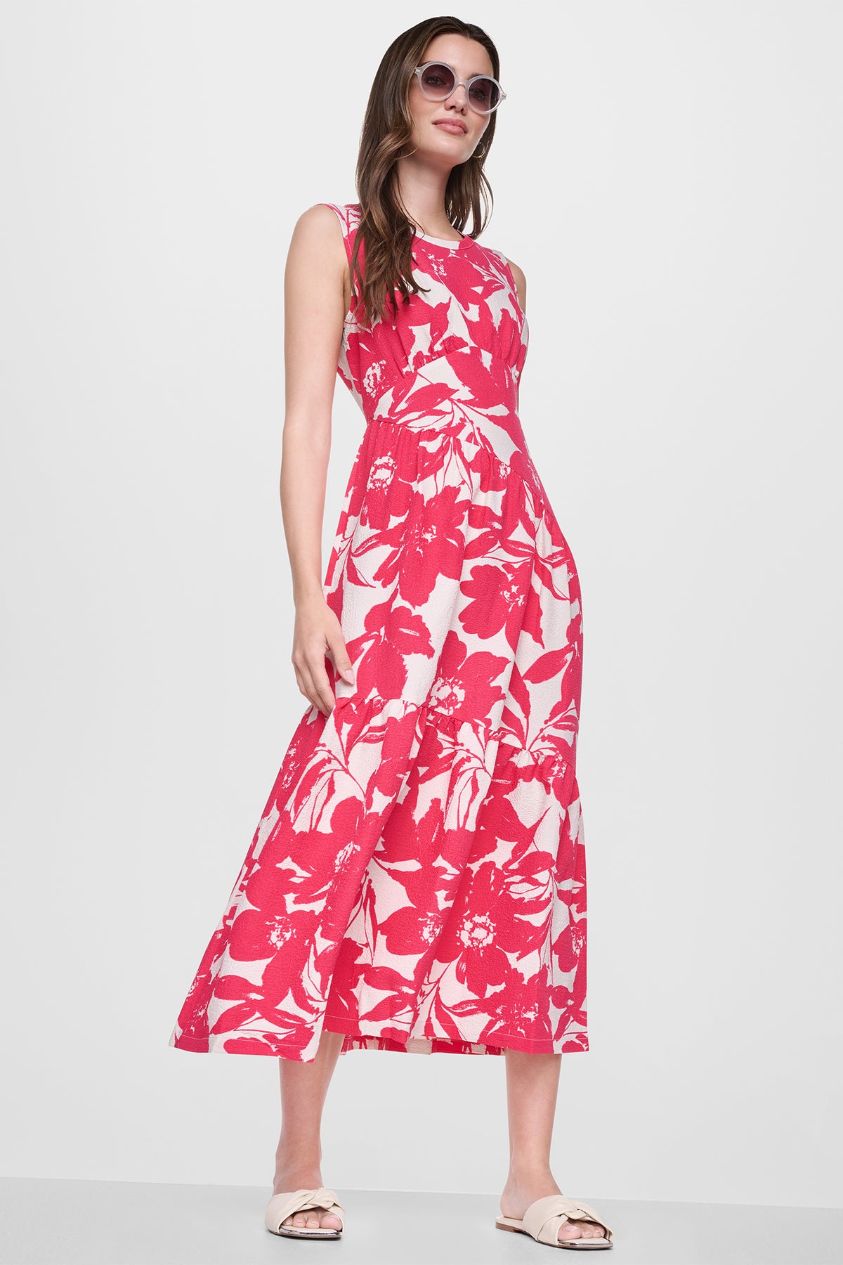 DKNY Women's Jewel NECK Printed Midi Dress in Fruit Punch/Light City Khaki