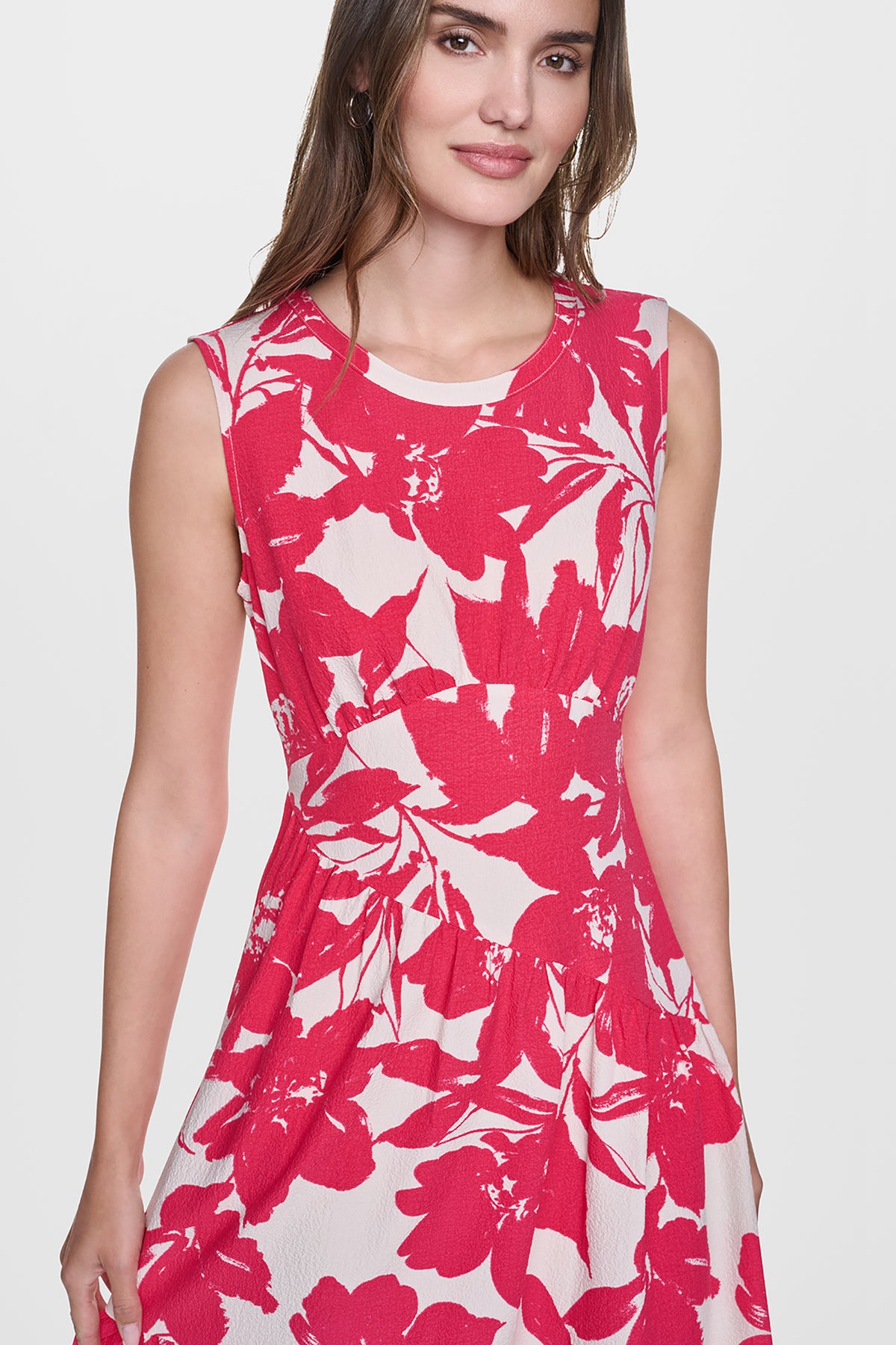 DKNY Women's Jewel NECK Printed Midi Dress in Fruit Punch/Light City Khaki