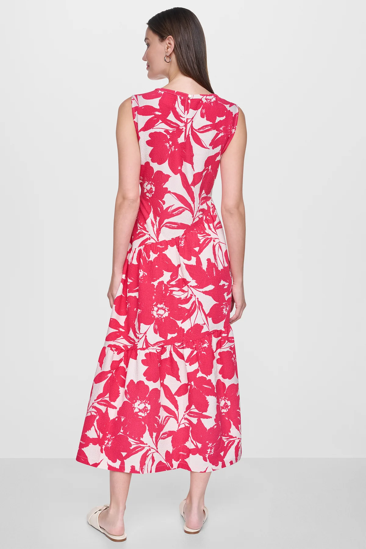 DKNY Women's Jewel NECK Printed Midi Dress in Fruit Punch/Light City Khaki