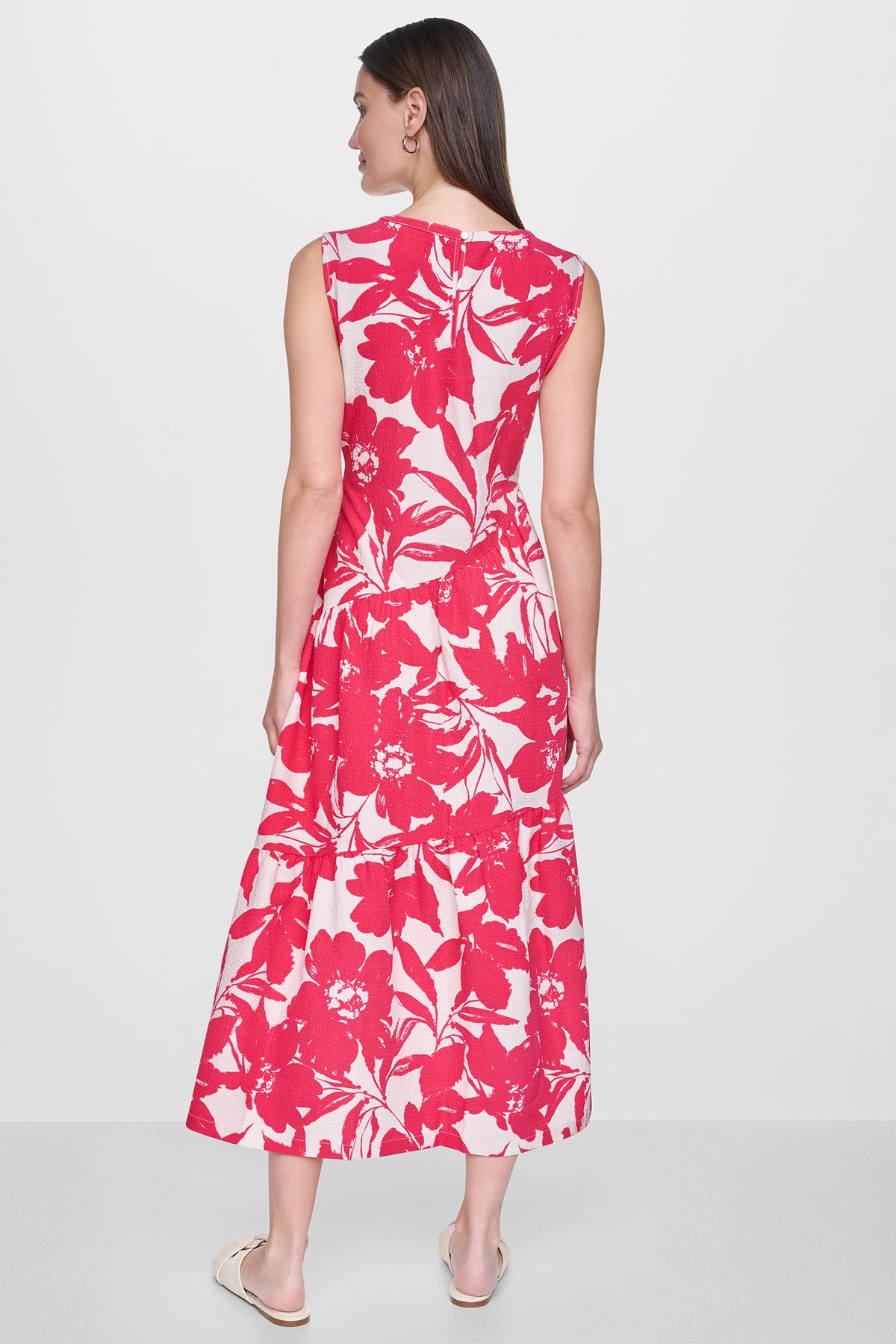 DKNY Women's Jewel NECK Printed Midi Dress in Fruit Punch/Light City Khaki