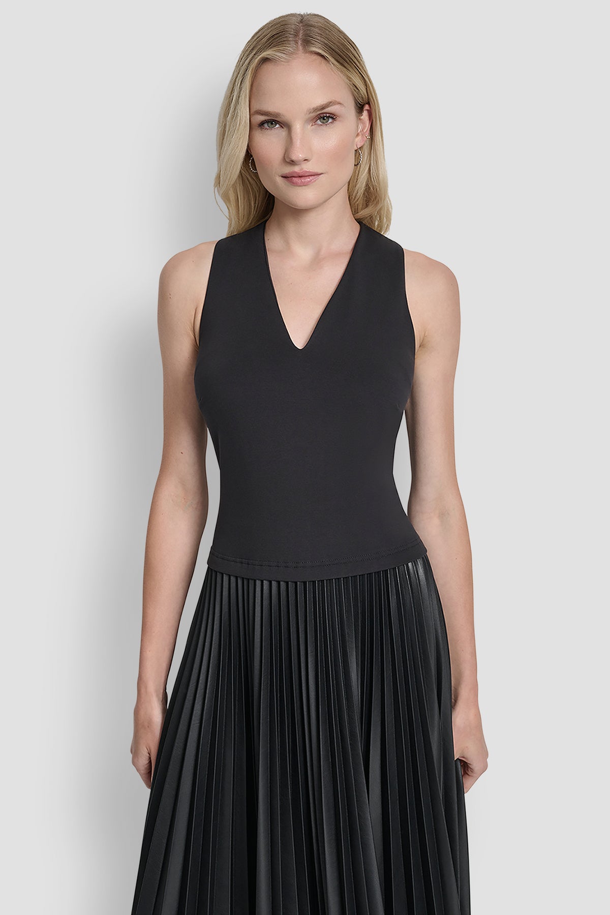 Sleeveless V Neck Top With Pleated Skirt | Fit and Flare