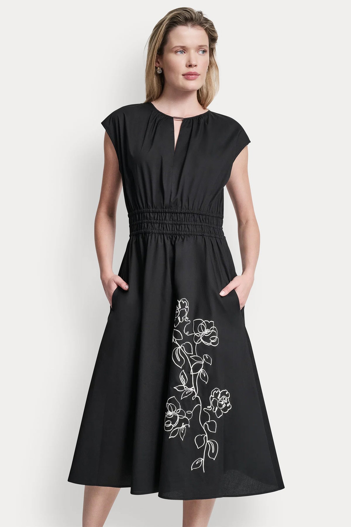 Dkny Women's Floral Fit & Flare Midi Dress in Black