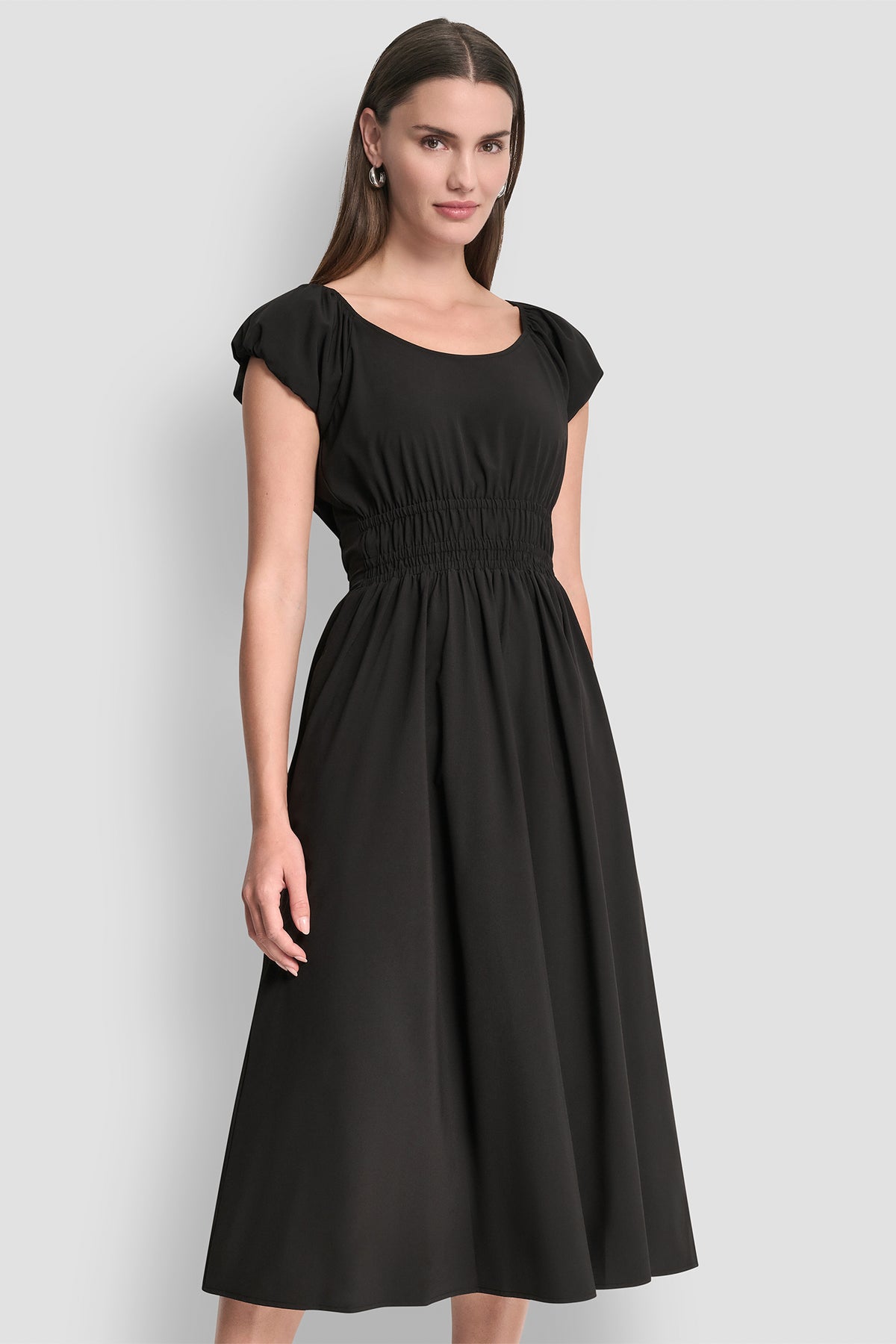 Puff Sleeve Fit & Flare Midi Dress | Fit and Flare | DKNY Puff Sleeve Fit & Flare Midi Dress | Fit and Flare | DKNY