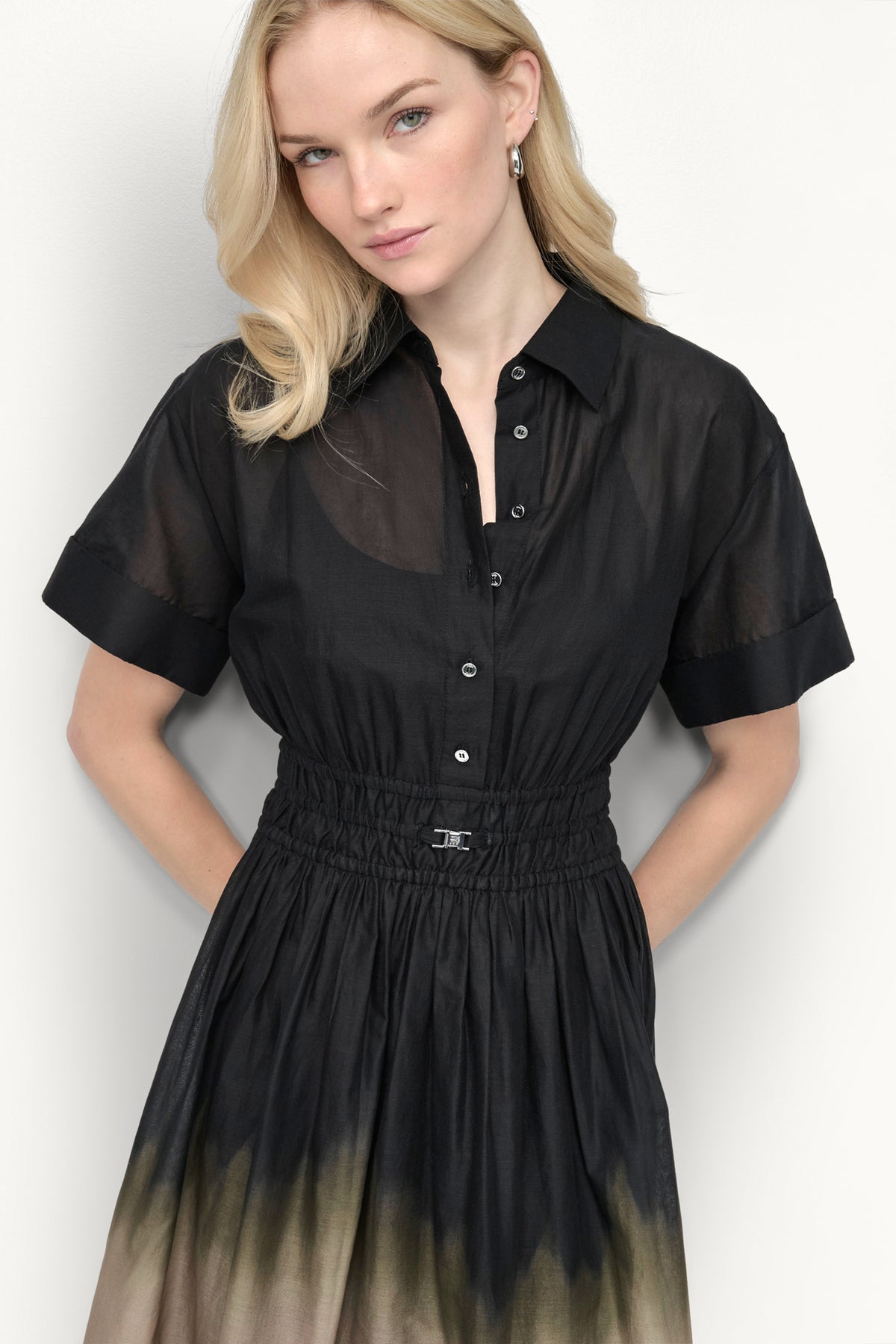 DKNY Women's Short Sleeve Ombré Midi Shirt Dress in Cappuccino/Black