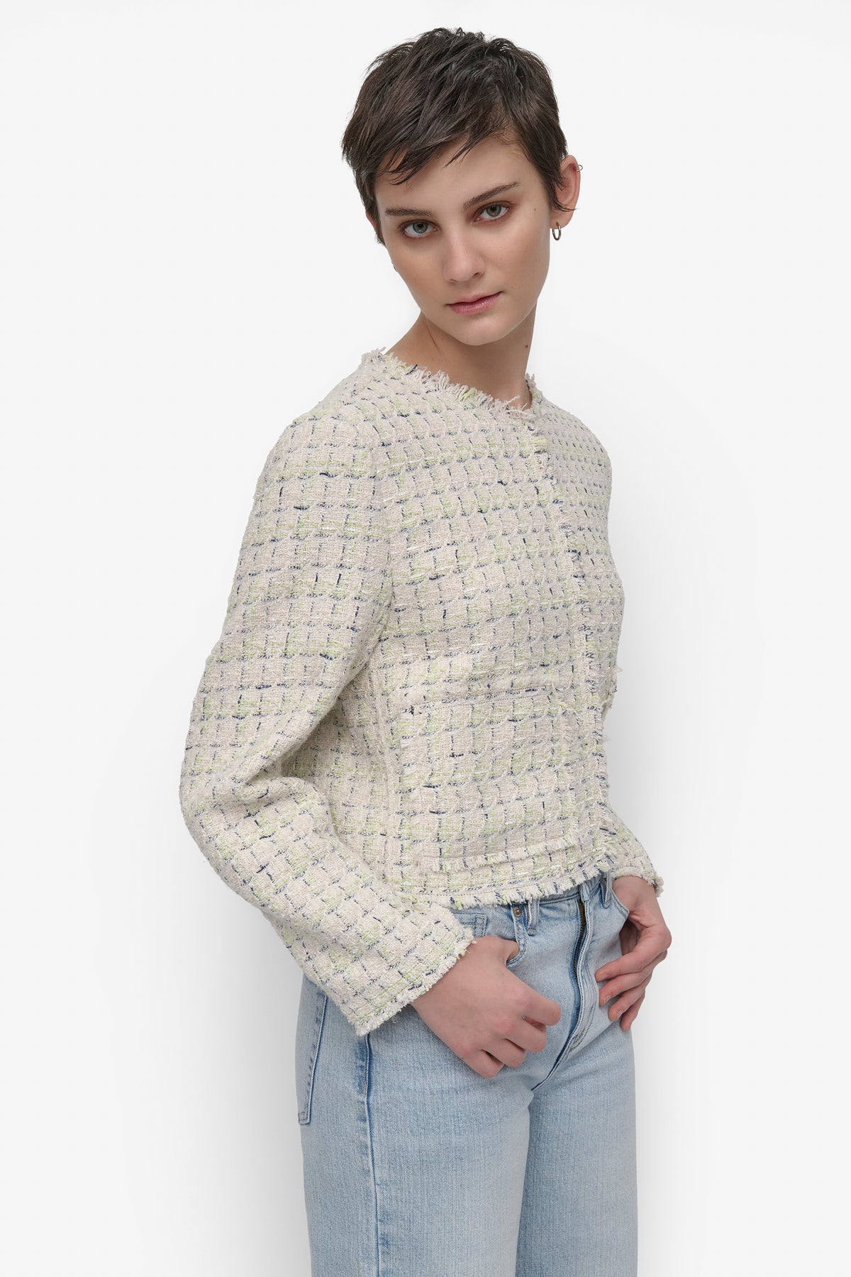 FRAYED CROPPED JACKET WITH FRONT POCKETS | DKNY 