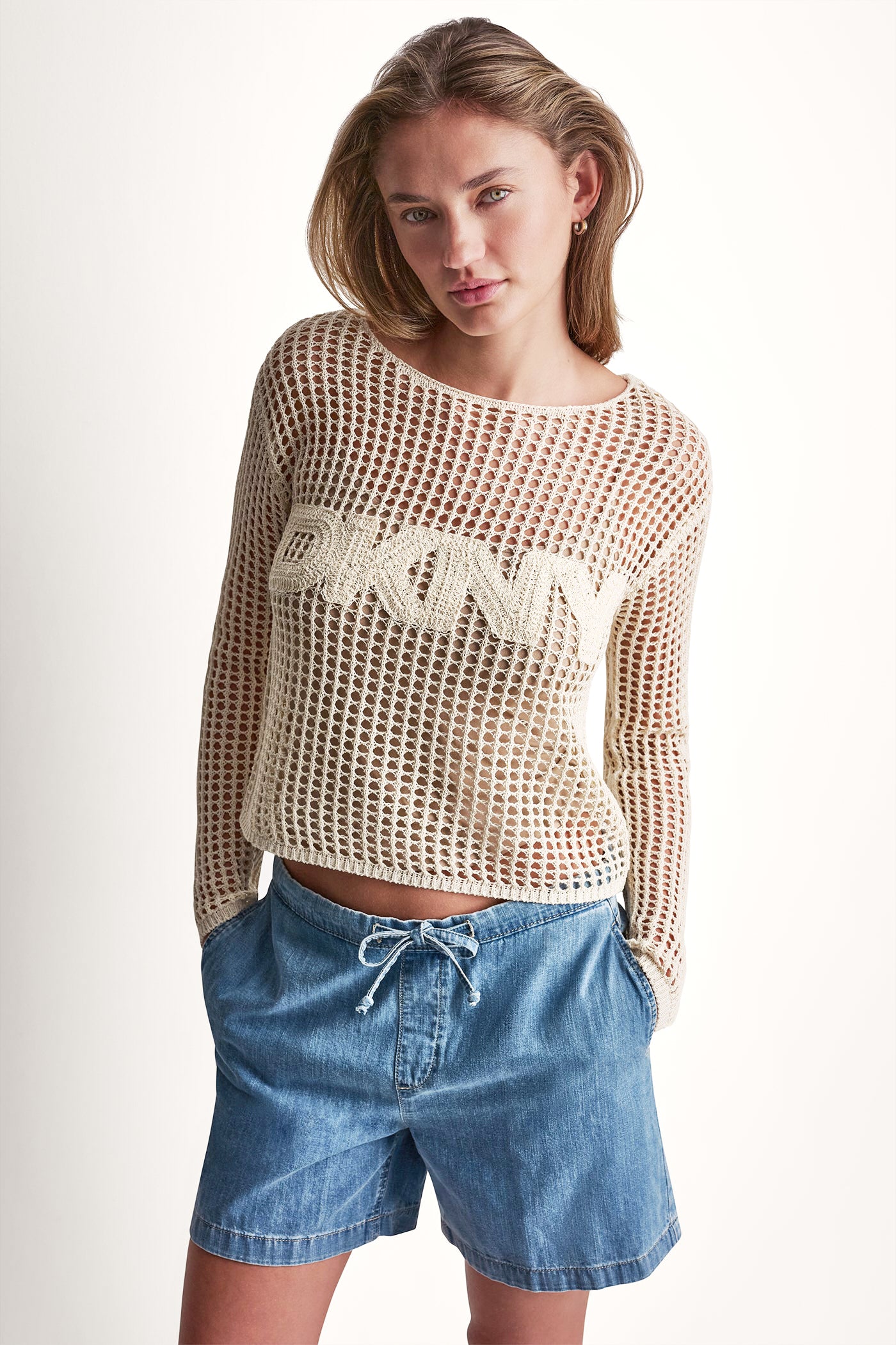CROCHET OPEN-STITCH LOGO SWEATER VIEW 1 CROCHET OPEN-STITCH LOGO SWEATER VIEW 1