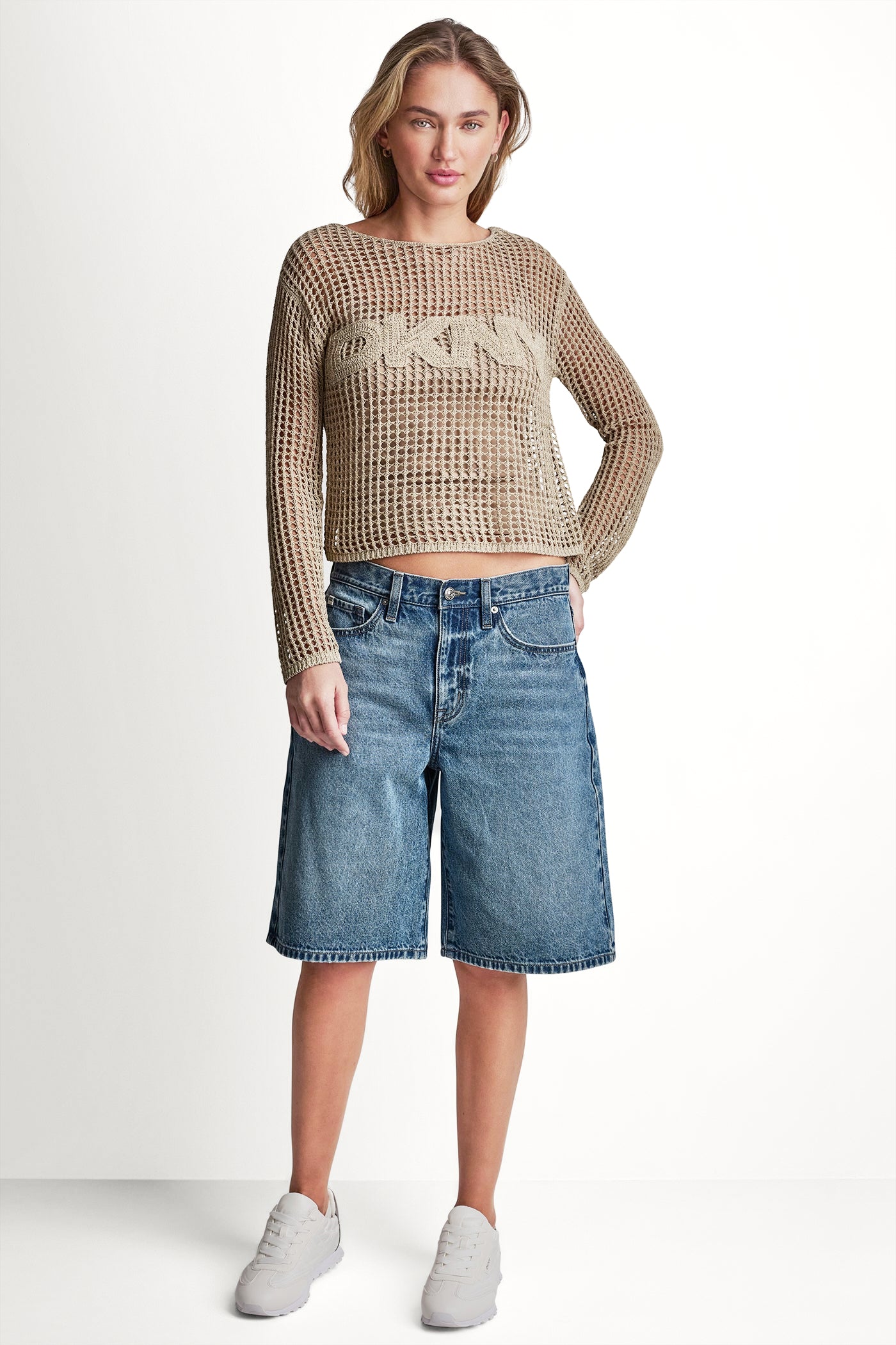 CROCHET OPEN-STITCH LOGO SWEATER View 2 | DKNY JEANS CROCHET OPEN-STITCH LOGO SWEATER View 2 | DKNY JEANS