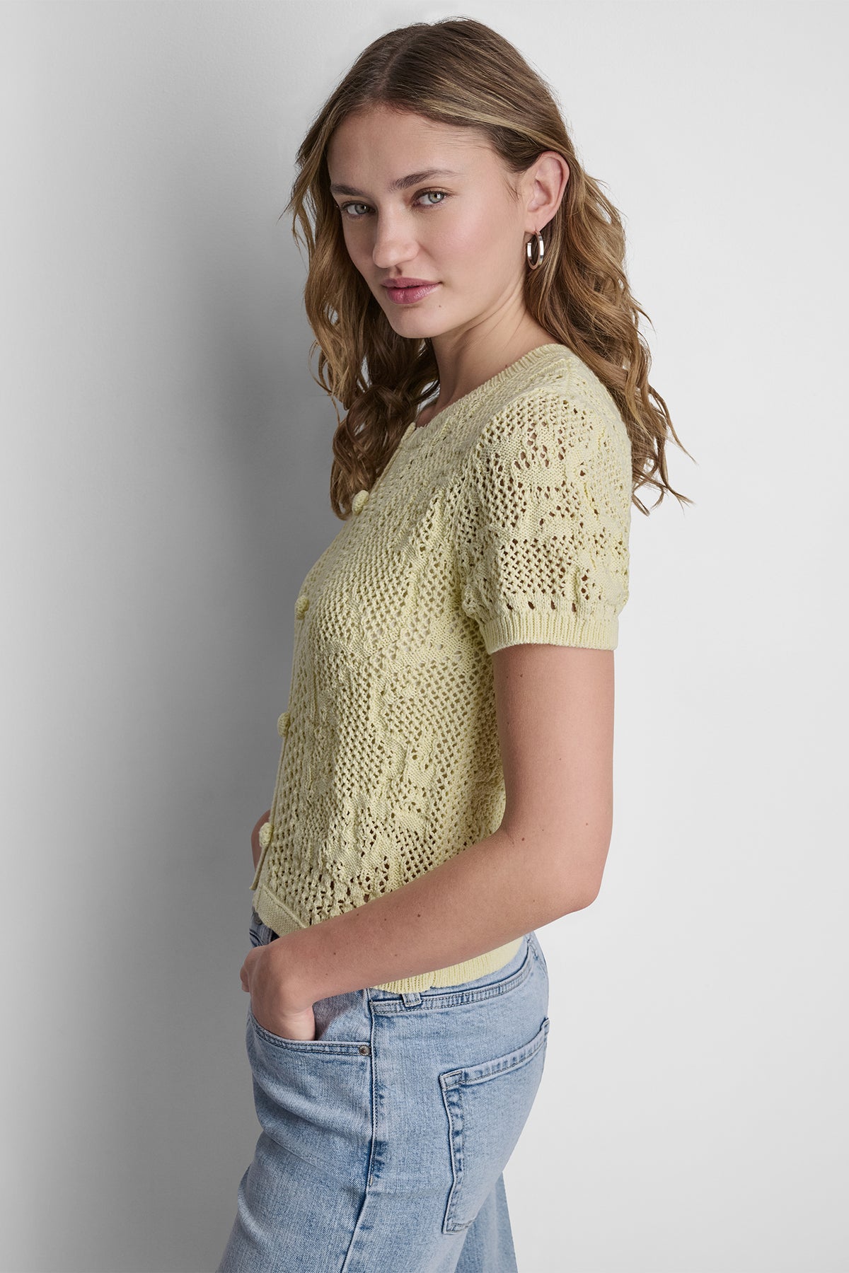 LACE STITCH BUTTON FRONT CARDIGAN VIEW 2