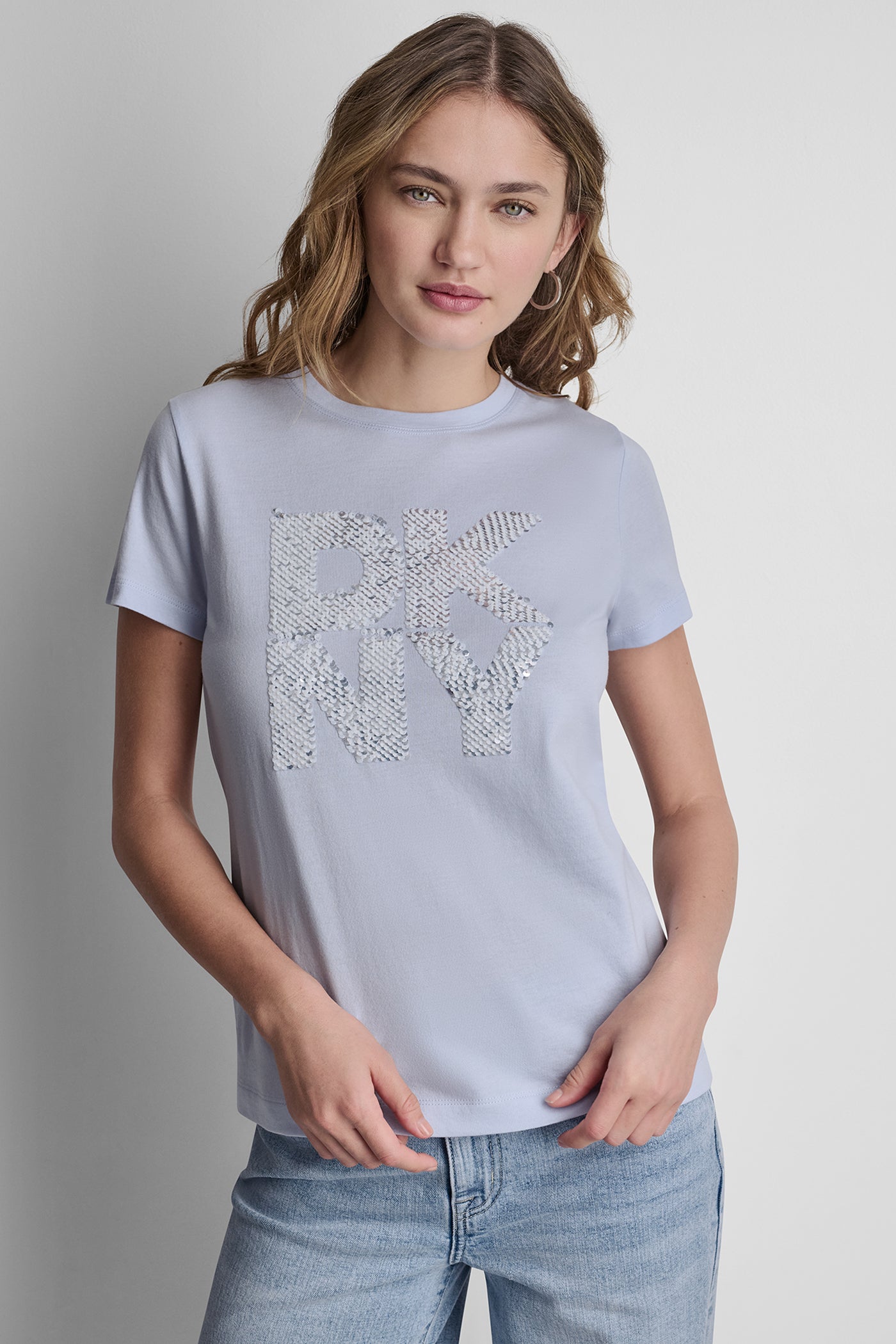 DKNY STACKED SEQUIN LOGO TEE View 1 | SALE DKNY STACKED SEQUIN LOGO TEE View 1 | SALE