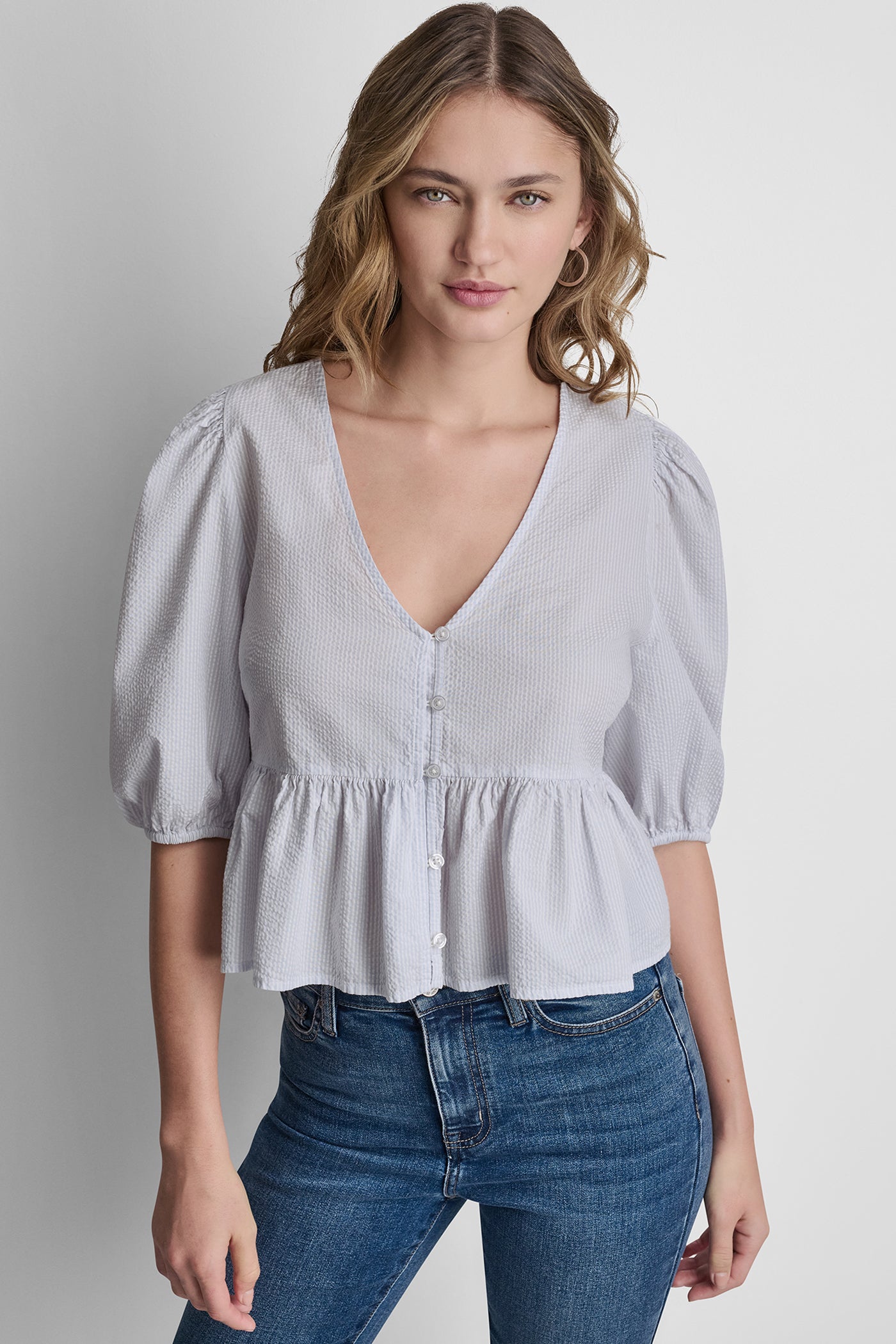 PUFF SLEEVE V-NECK SHIRT View 2 | Women's Clearance PUFF SLEEVE V-NECK SHIRT View 2 | Women's Clearance