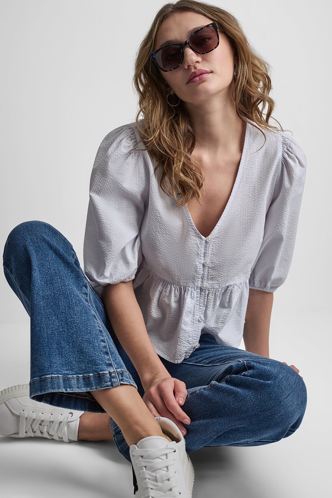 PUFF SLEEVE V-NECK SHIRT View 1 | Women's Clearance PUFF SLEEVE V-NECK SHIRT View 1 | Women's Clearance