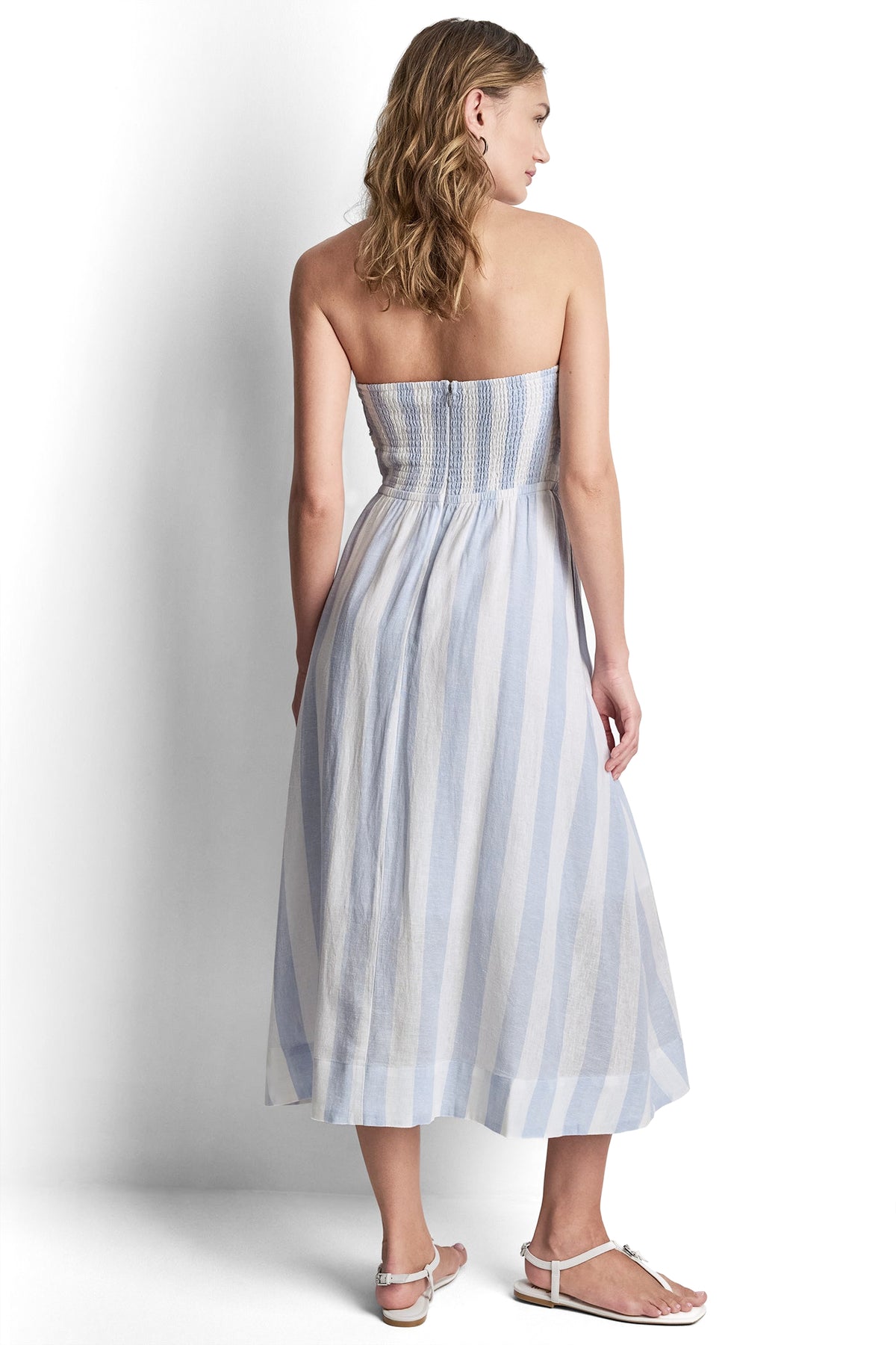 DKNY Women's Linen-Blend Strapless Stripe Dress in Broadway Stripe Frost Blue DKNY Women's Linen-Blend Strapless Stripe Dress in Broadway Stripe Frost Blue