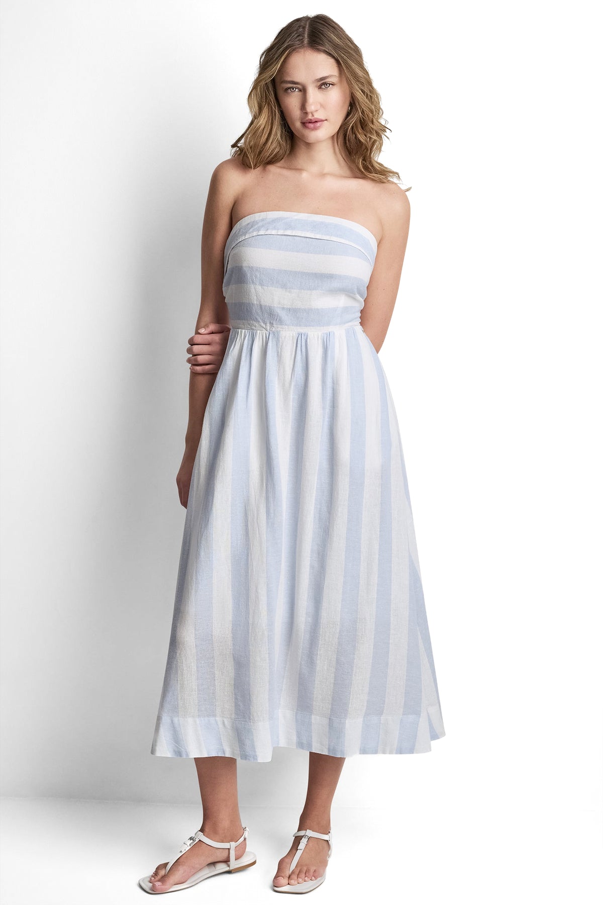 DKNY Women's Linen-Blend Strapless Stripe Dress in Broadway Stripe Frost Blue