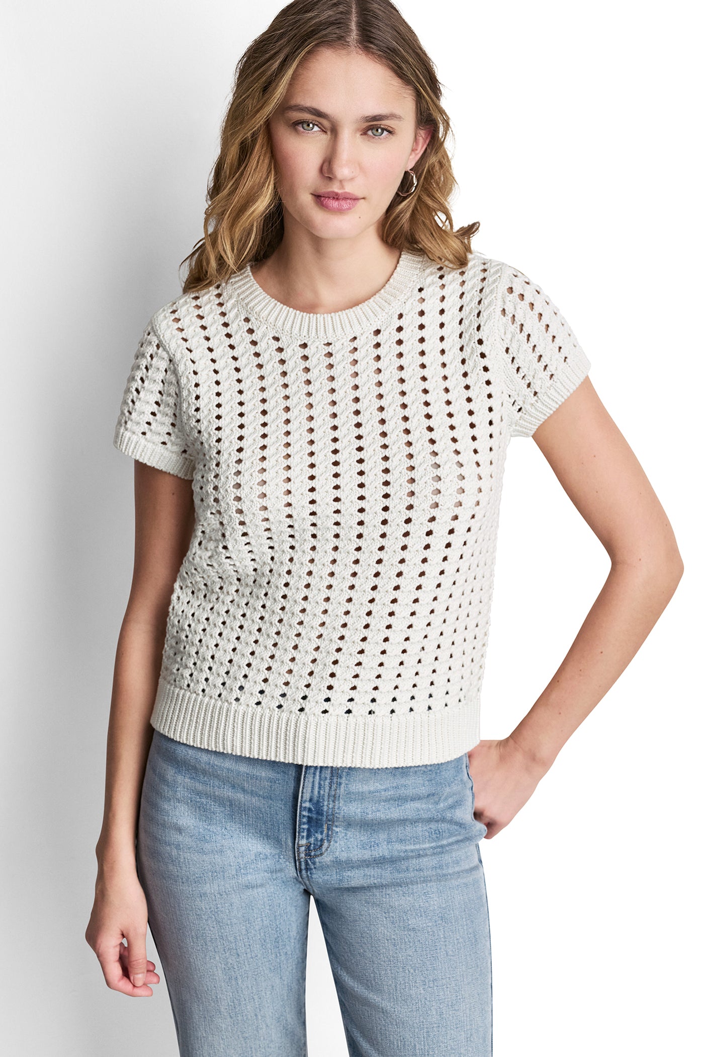 CHUNKY POINTELLE SHORT SLEEVE SWEATER View 1 | Women's Clearance CHUNKY POINTELLE SHORT SLEEVE SWEATER View 1 | Women's Clearance