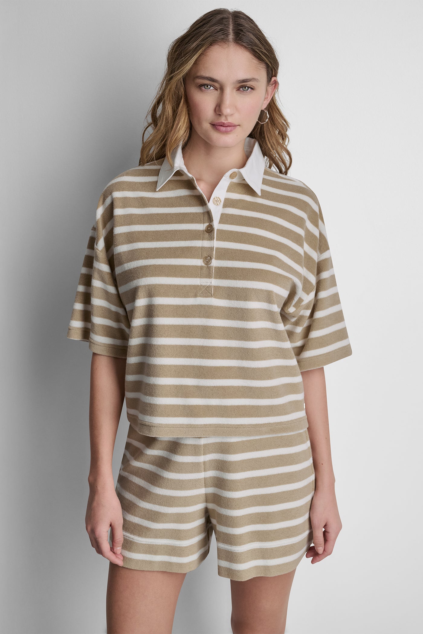 TOWELLING TERRY STRIPE BOXY POLO View 1 | Women's Clearance TOWELLING TERRY STRIPE BOXY POLO View 1 | Women's Clearance