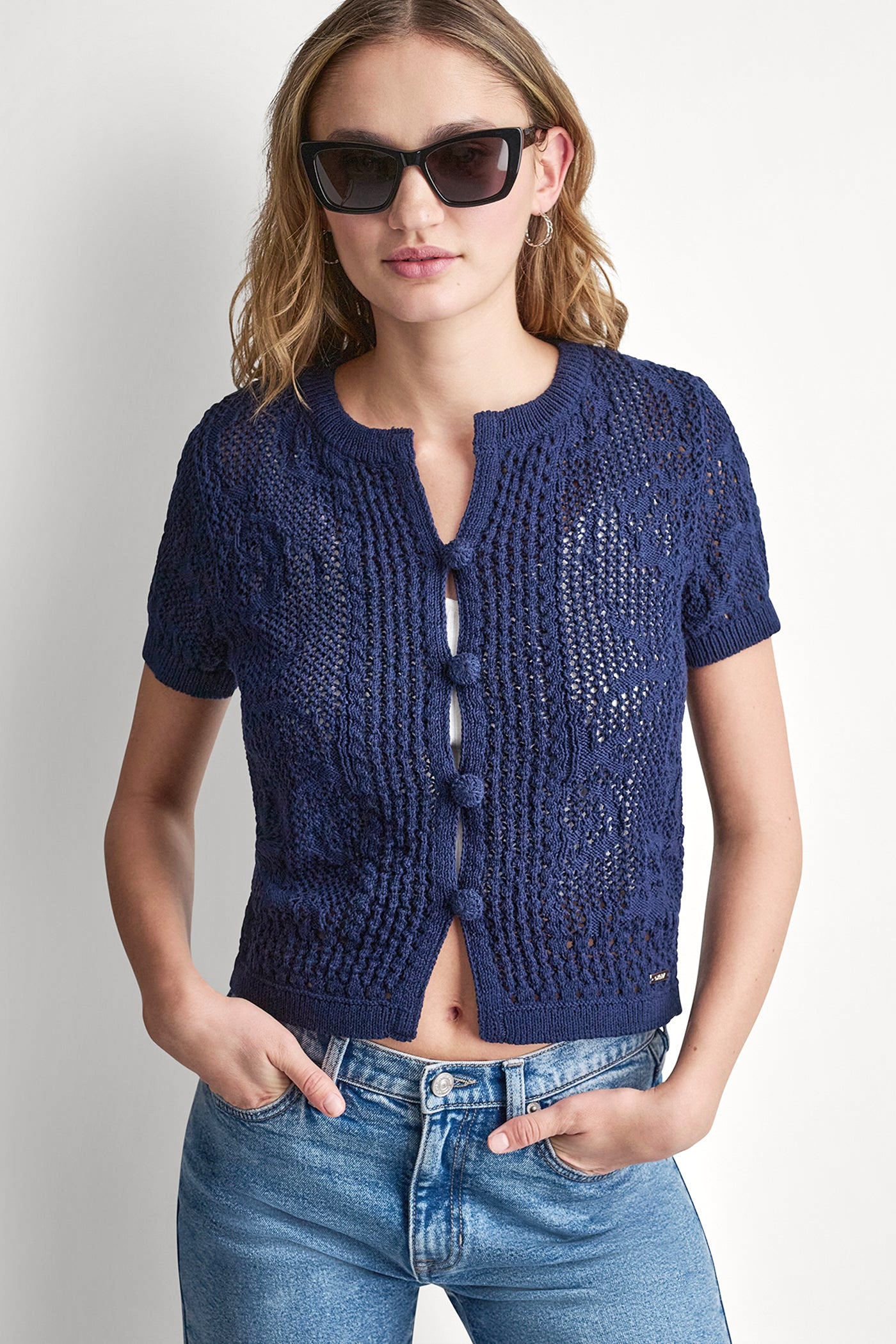 LACE STITCH BUTTON FRONT CARDIGAN View 1 | Women's Clearance LACE STITCH BUTTON FRONT CARDIGAN View 1 | Women's Clearance