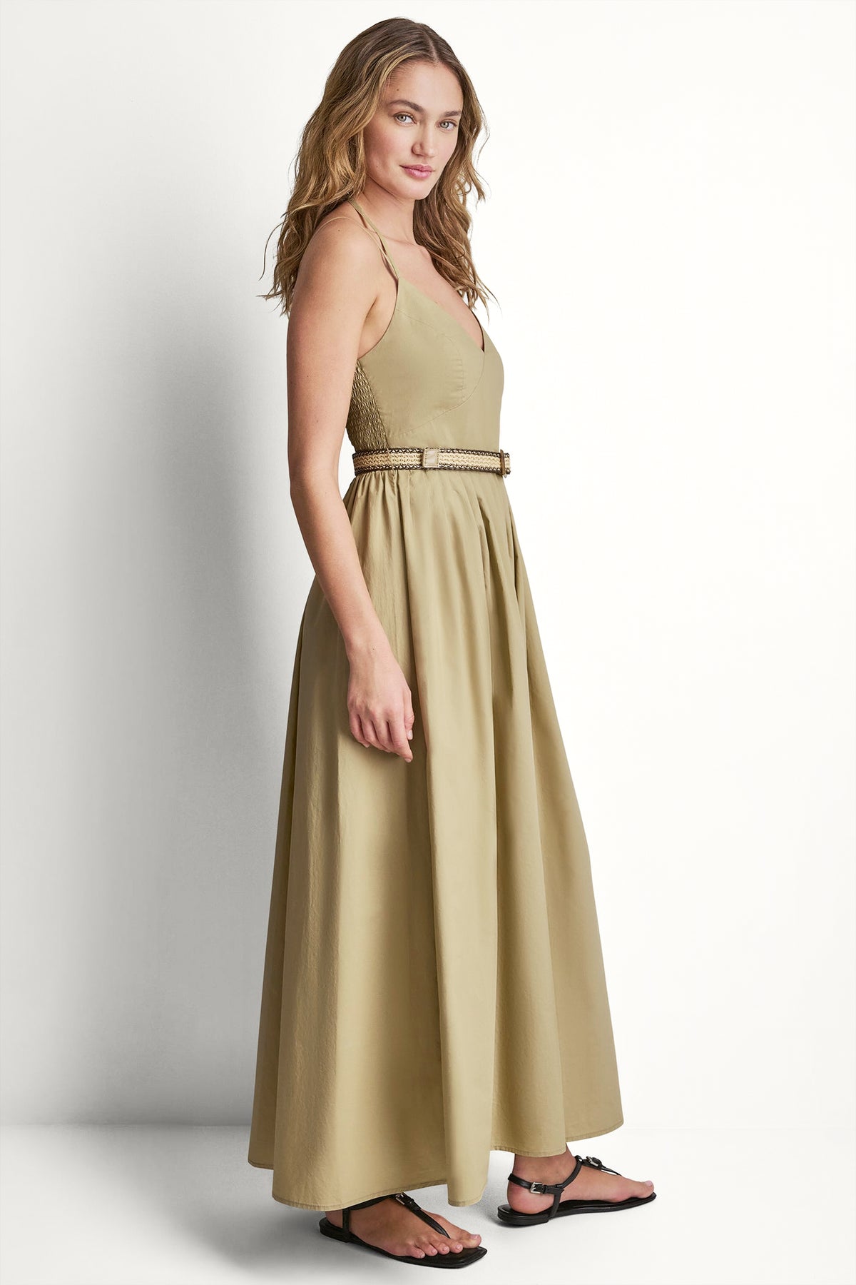 dkny green dress Women's Strappy V-Neck Maxi WITH Raffia BELT in Travertine Emerald green
