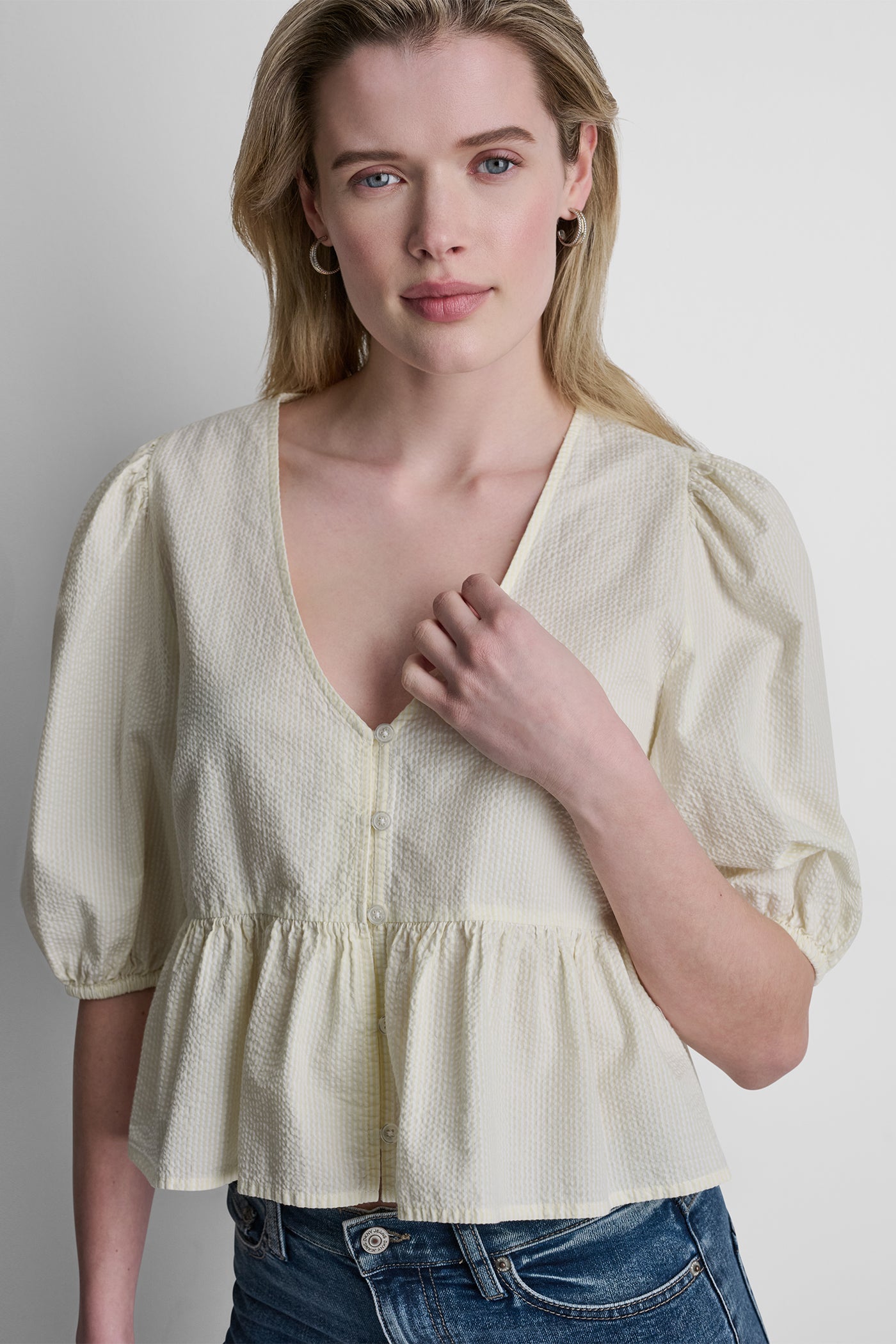 PUFF SLEEVE V-NECK SHIRT View 1 | Women's Clearance PUFF SLEEVE V-NECK SHIRT View 1 | Women's Clearance