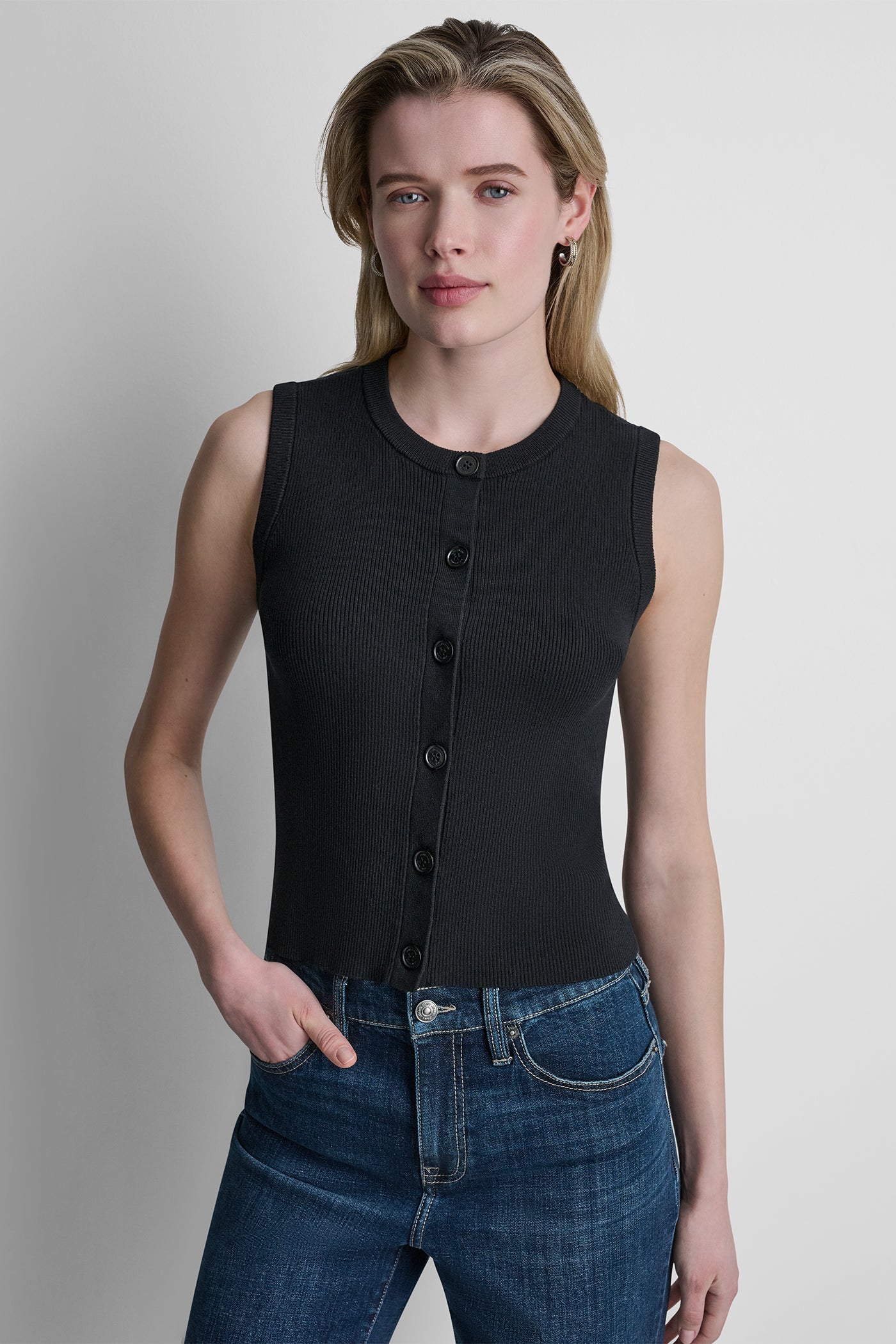 CROPPED SLEEVELESS LOGO TRIM SWEATER View 2 | DKNY JEANS CROPPED SLEEVELESS LOGO TRIM SWEATER View 2 | DKNY JEANS