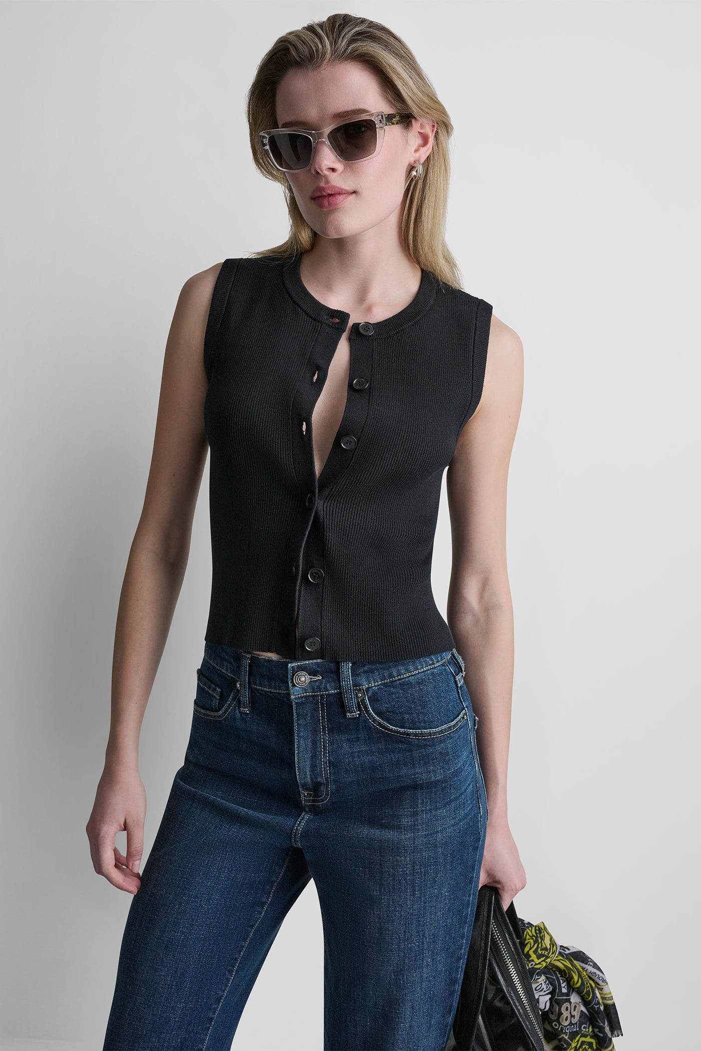 CROPPED SLEEVELESS LOGO TRIM SWEATER VIEW 2