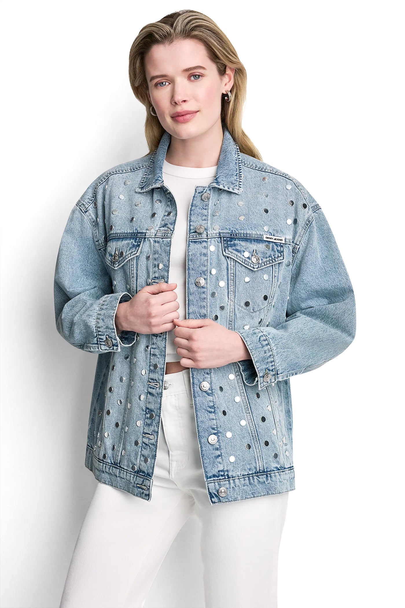 OVERSIZED DENIM TRUCKER JACKET WITH STUDS View 2 OVERSIZED DENIM TRUCKER JACKET WITH STUDS View 2
