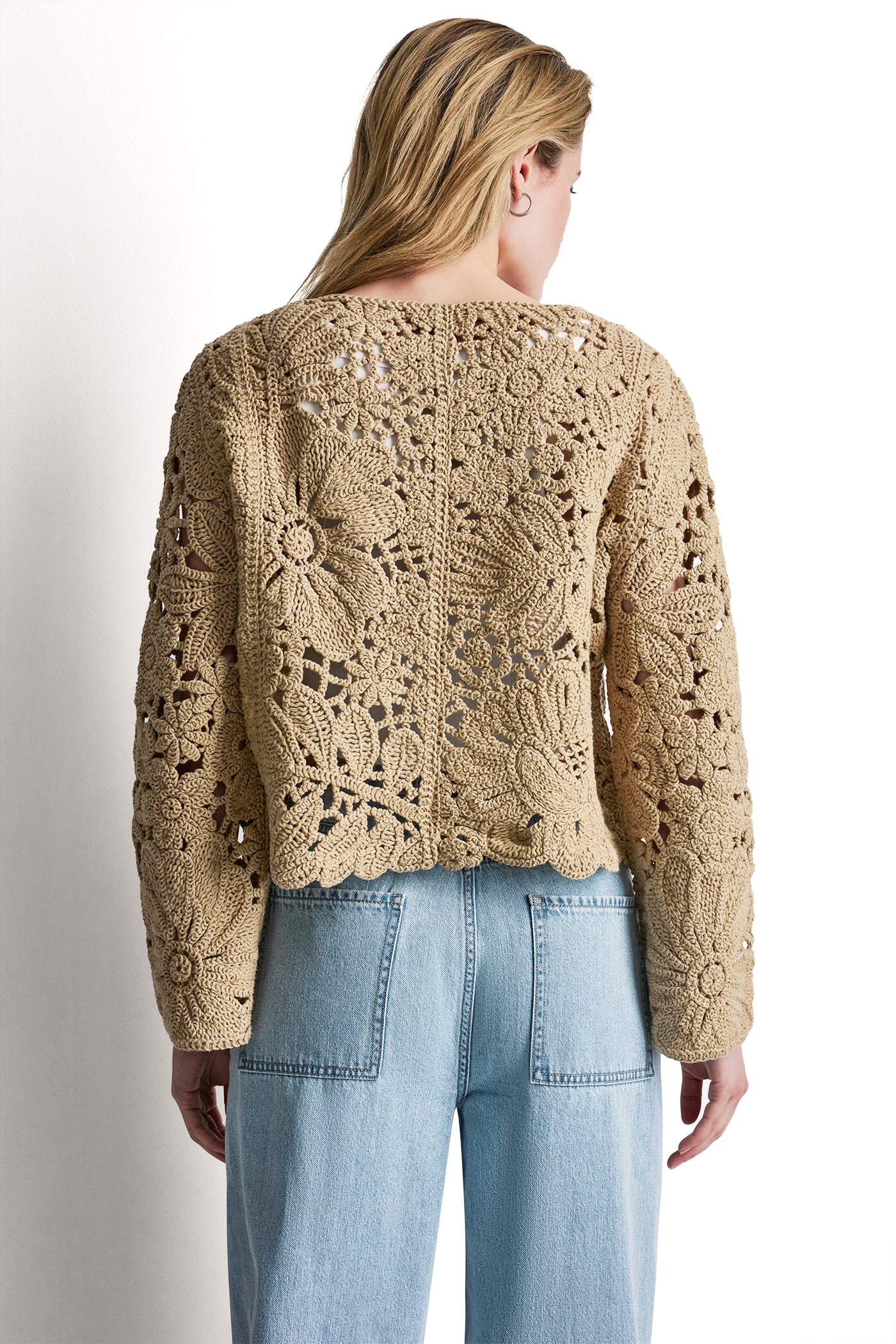 FLORAL CROCHET CARDIGAN WITH SCALLOP HEM VIEW 3 | NEW NEUTRALS FLORAL CROCHET CARDIGAN WITH SCALLOP HEM VIEW 3 | NEW NEUTRALS