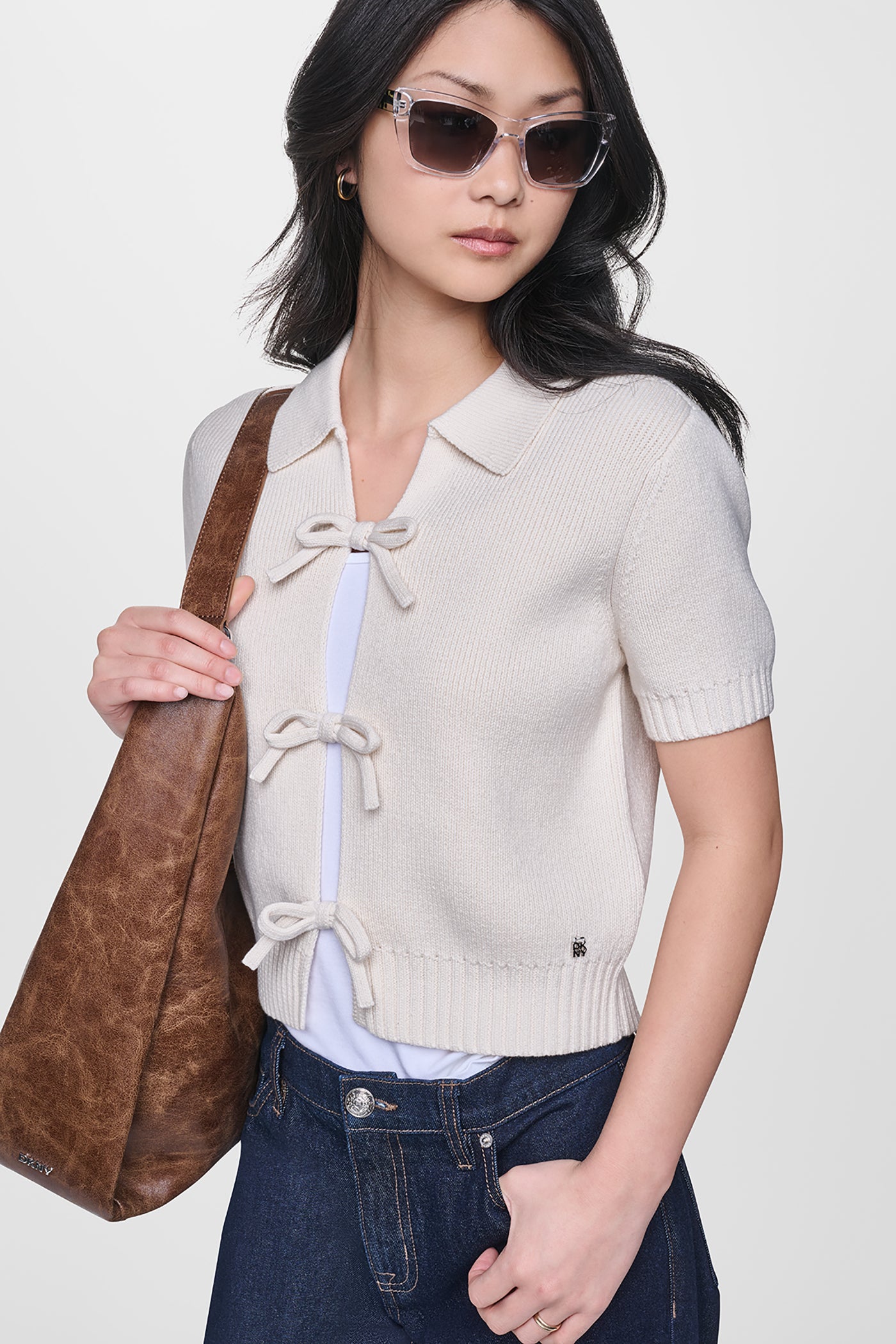 SHORT SLEEVE TIE FRONT POLO SWEATER View 2 | SALE SHORT SLEEVE TIE FRONT POLO SWEATER View 2 | SALE