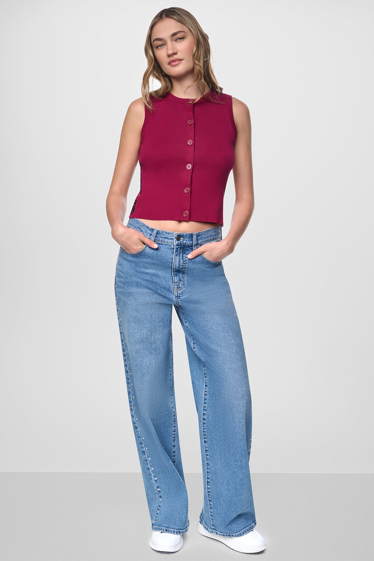 CROPPED SLEEVELESS LOGO TRIM SWEATER VIEW 2