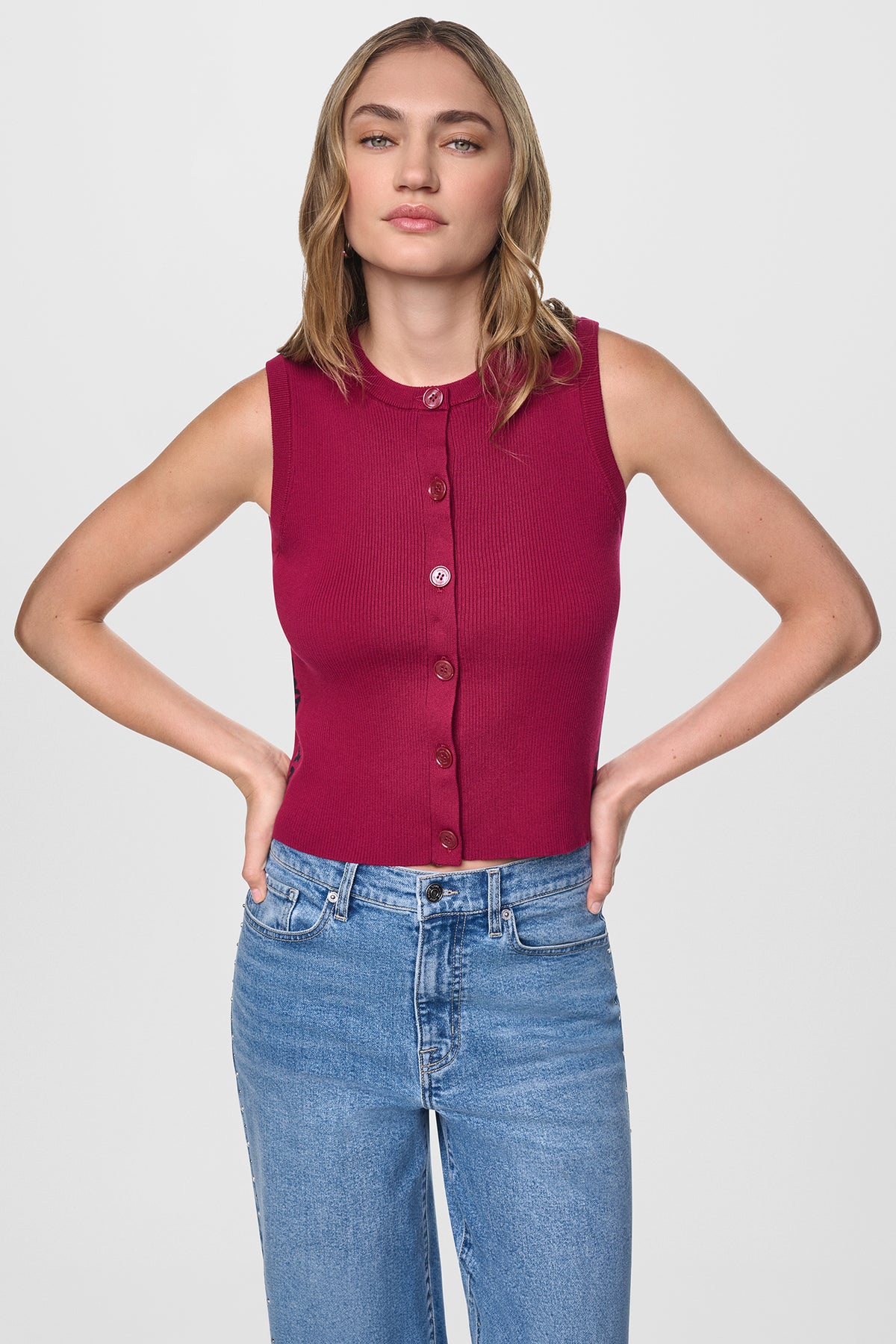 CROPPED SLEEVELESS LOGO TRIM SWEATER VIEW 2