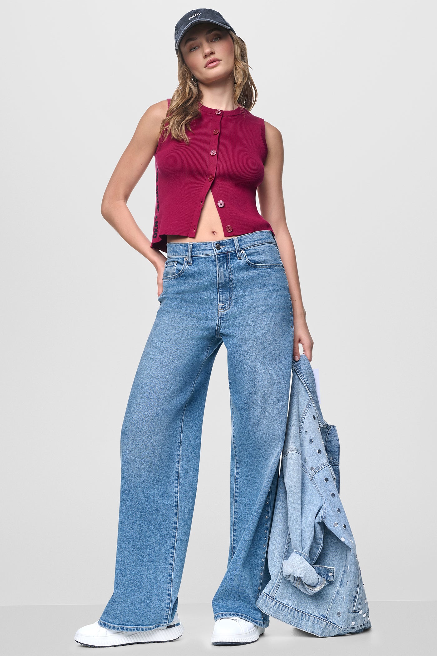 CROPPED SLEEVELESS LOGO TRIM SWEATER View 1 | DKNY JEANS CROPPED SLEEVELESS LOGO TRIM SWEATER View 1 | DKNY JEANS
