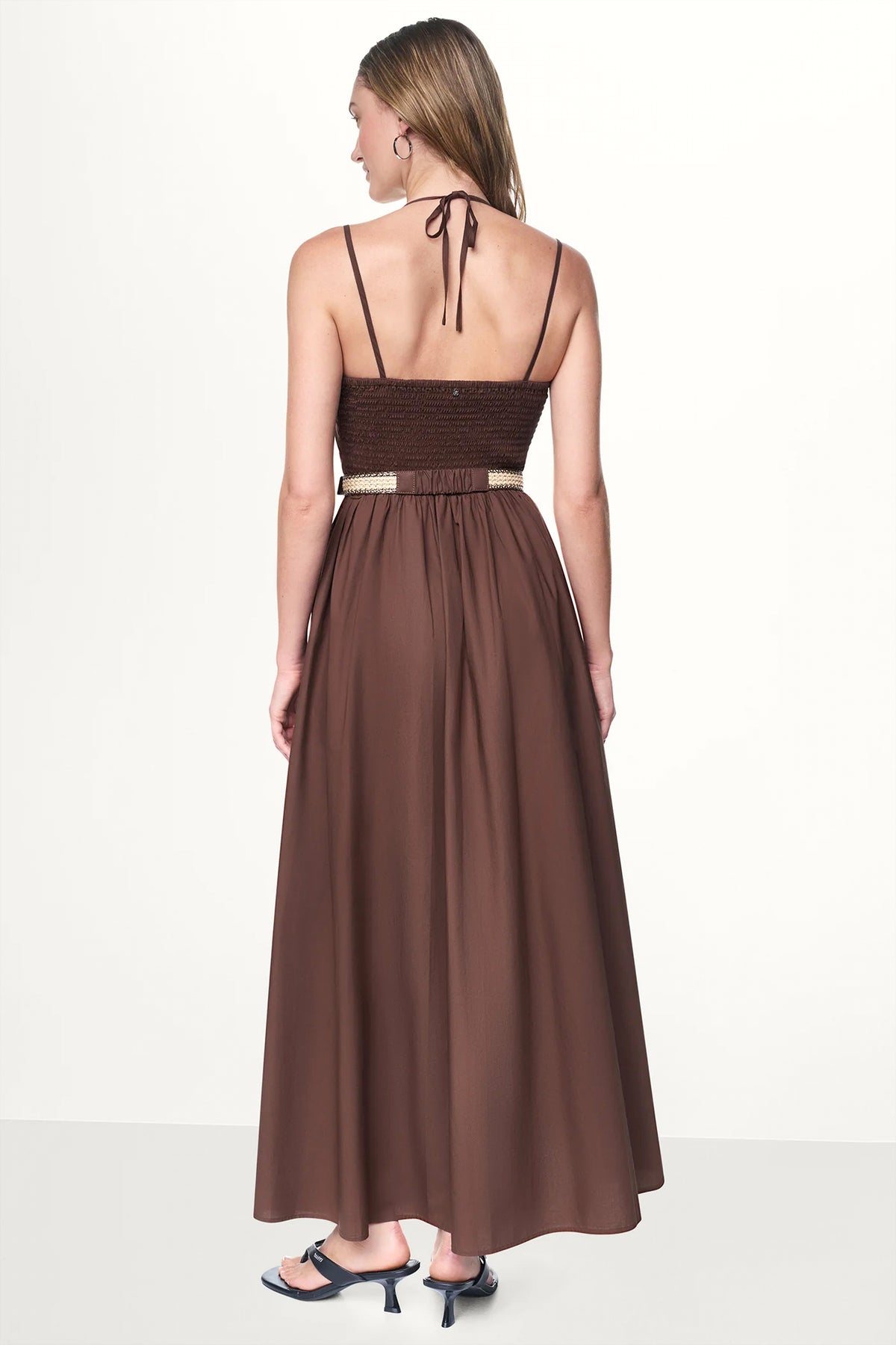 dkny formal dresses Women's Strappy V-Neck MAXI Dress WITH Raffia BELT in Chestnut PASTEL