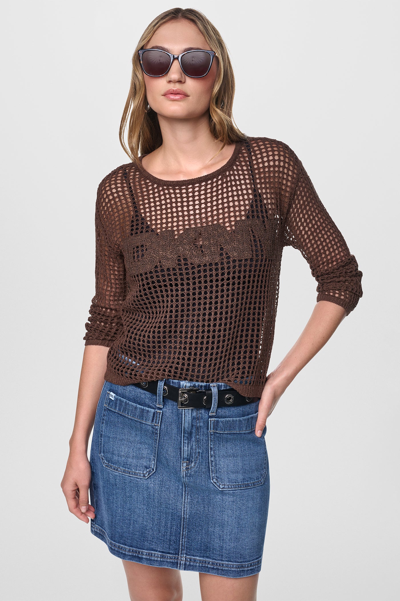 CROCHET OPEN-STITCH LOGO SWEATER View 1 | DKNY JEANS CROCHET OPEN-STITCH LOGO SWEATER View 1 | DKNY JEANS