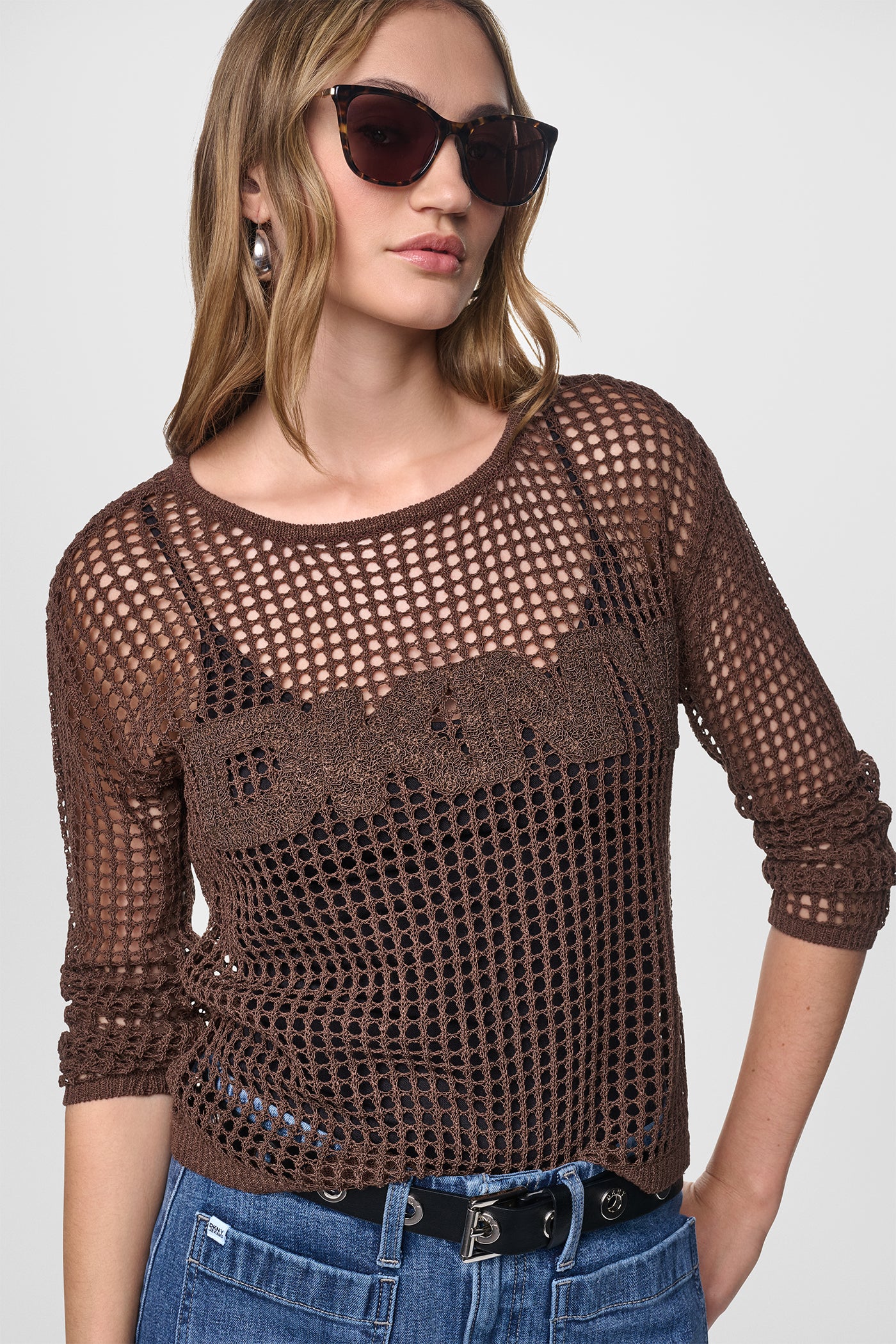 CROCHET OPEN-STITCH LOGO SWEATER View 2 | DKNY JEANS CROCHET OPEN-STITCH LOGO SWEATER View 2 | DKNY JEANS