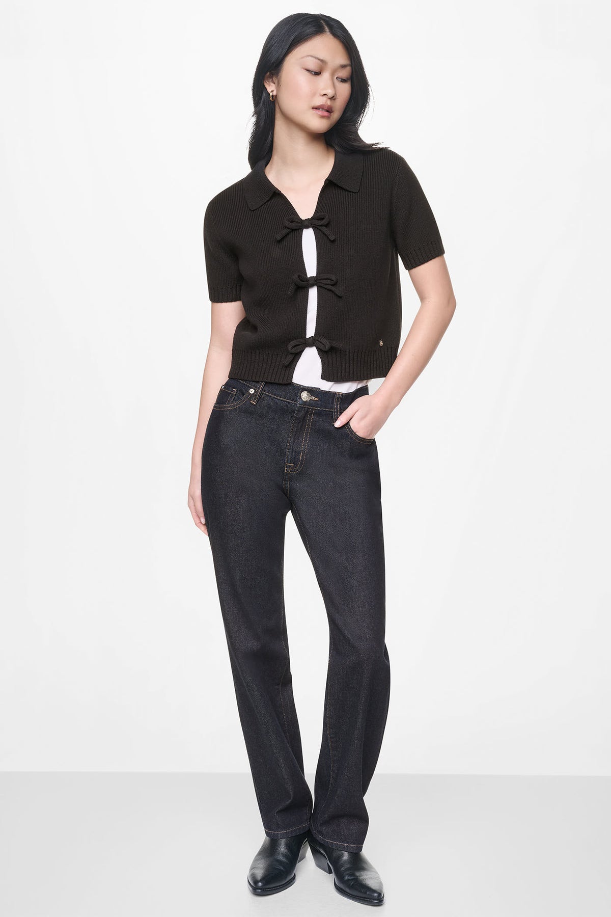 SHORT SLEEVE TIE FRONT POLO SWEATER VIEW 2