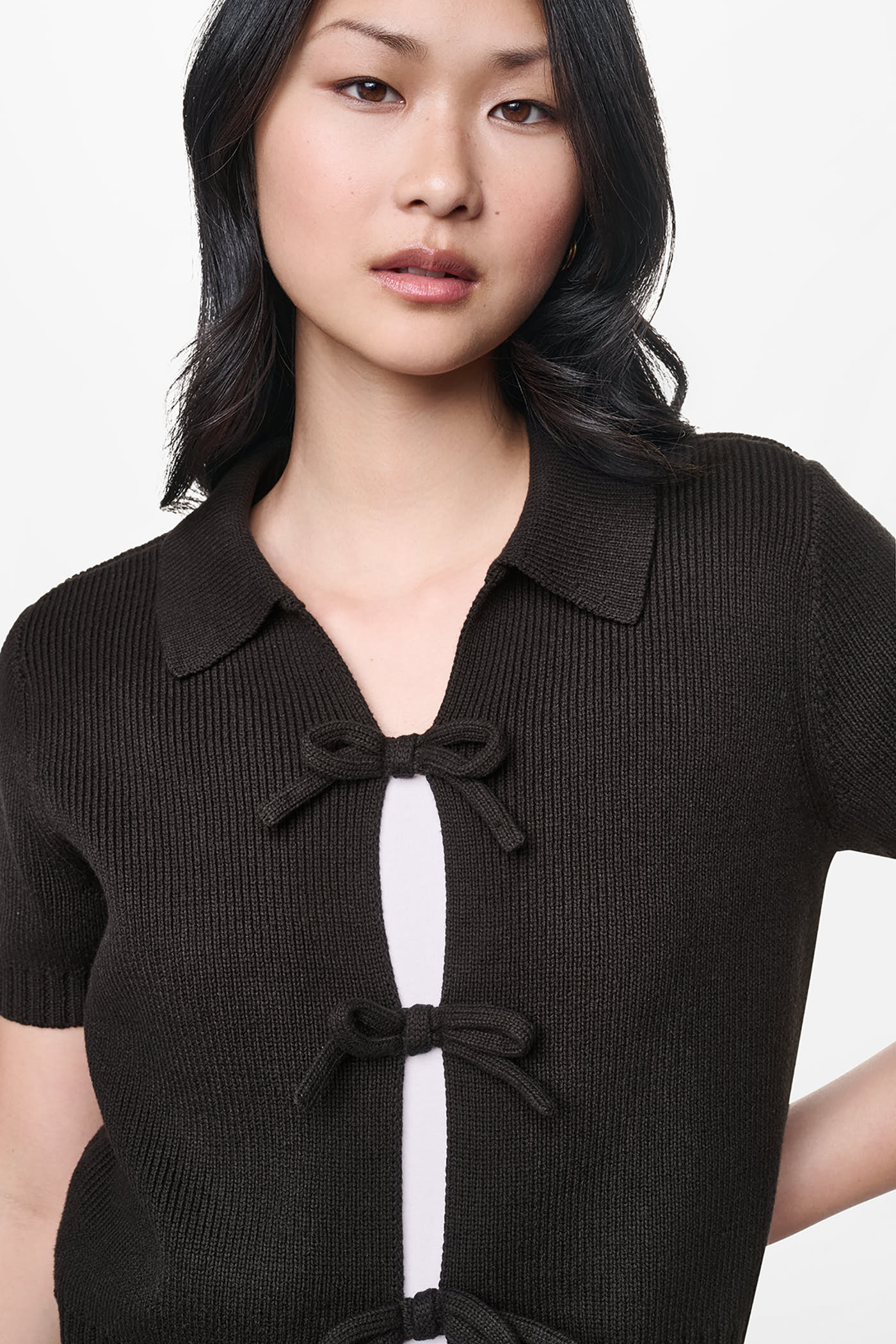SHORT SLEEVE TIE FRONT POLO SWEATER View 2 | NEW NEUTRALS SHORT SLEEVE TIE FRONT POLO SWEATER View 2 | NEW NEUTRALS