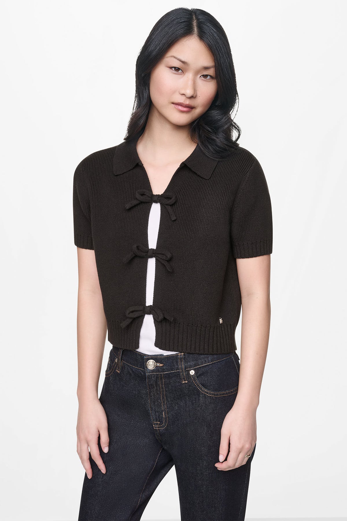 SHORT SLEEVE TIE FRONT POLO SWEATER VIEW 2