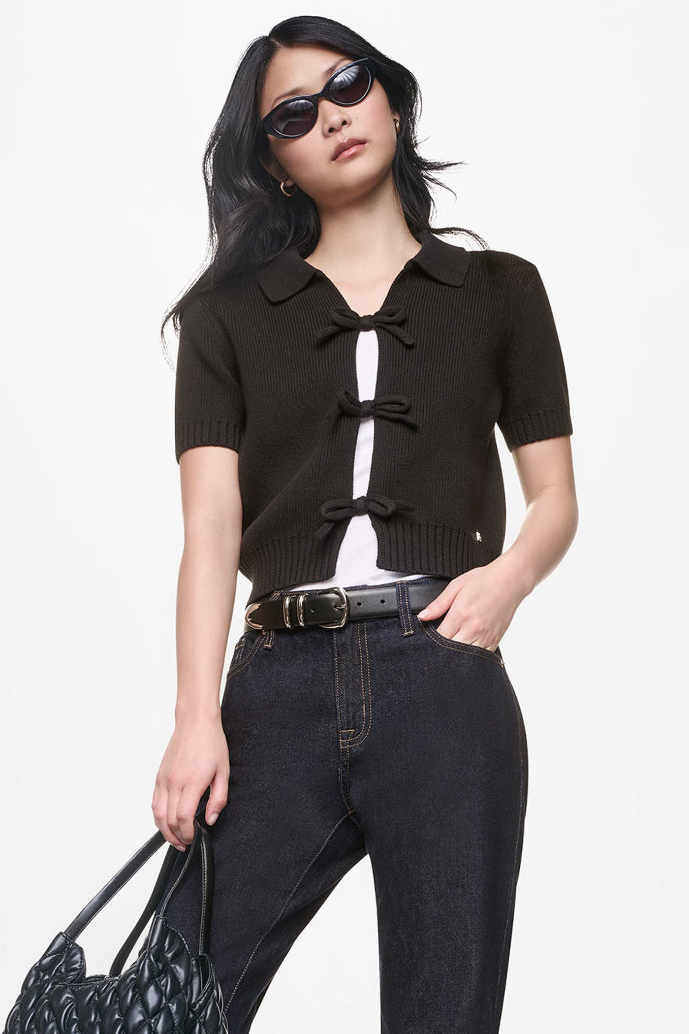 SHORT SLEEVE TIE FRONT POLO SWEATER View 1 | NEW NEUTRALS SHORT SLEEVE TIE FRONT POLO SWEATER View 1 | NEW NEUTRALS