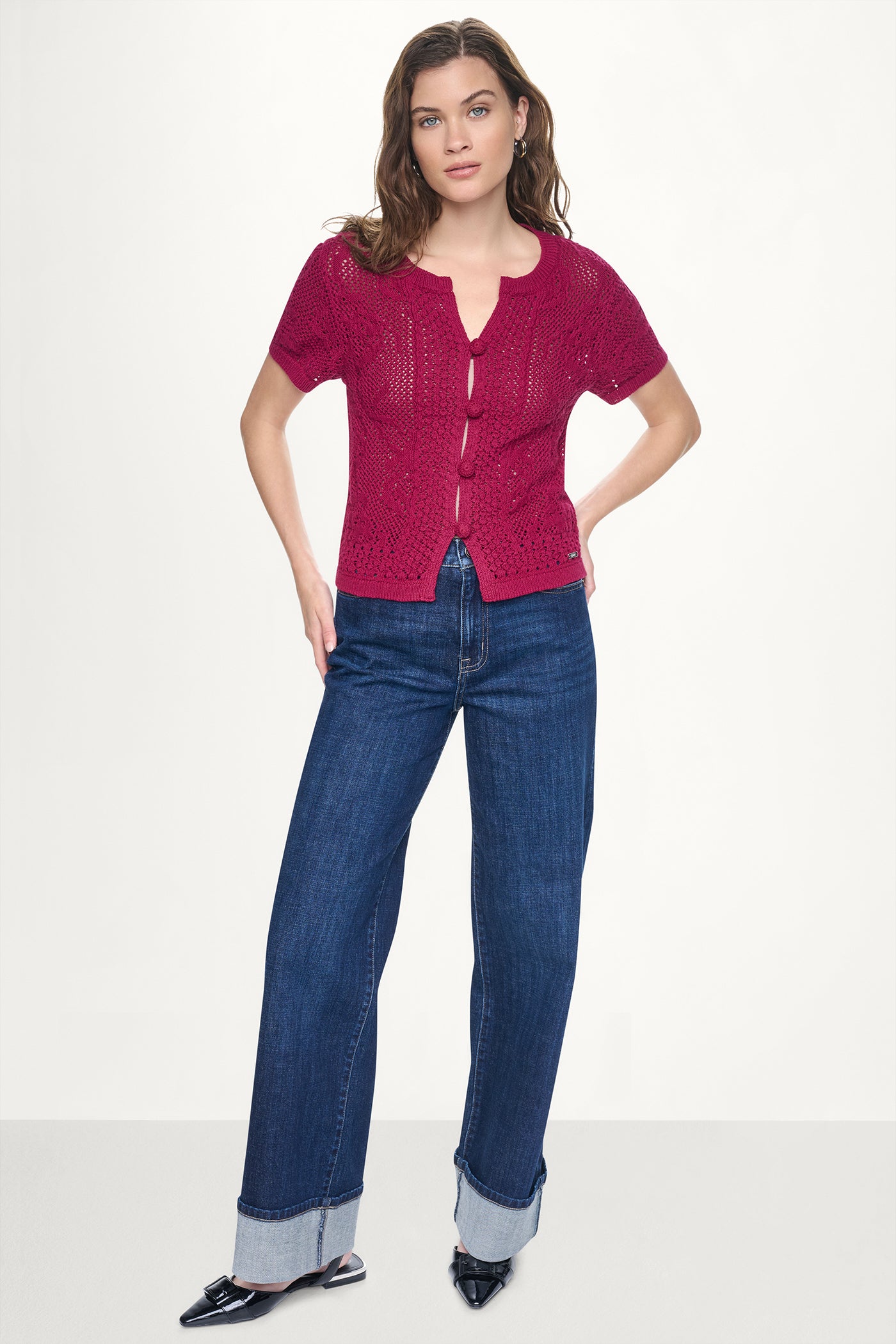 LACE STITCH BUTTON FRONT CARDIGAN VIEW 2