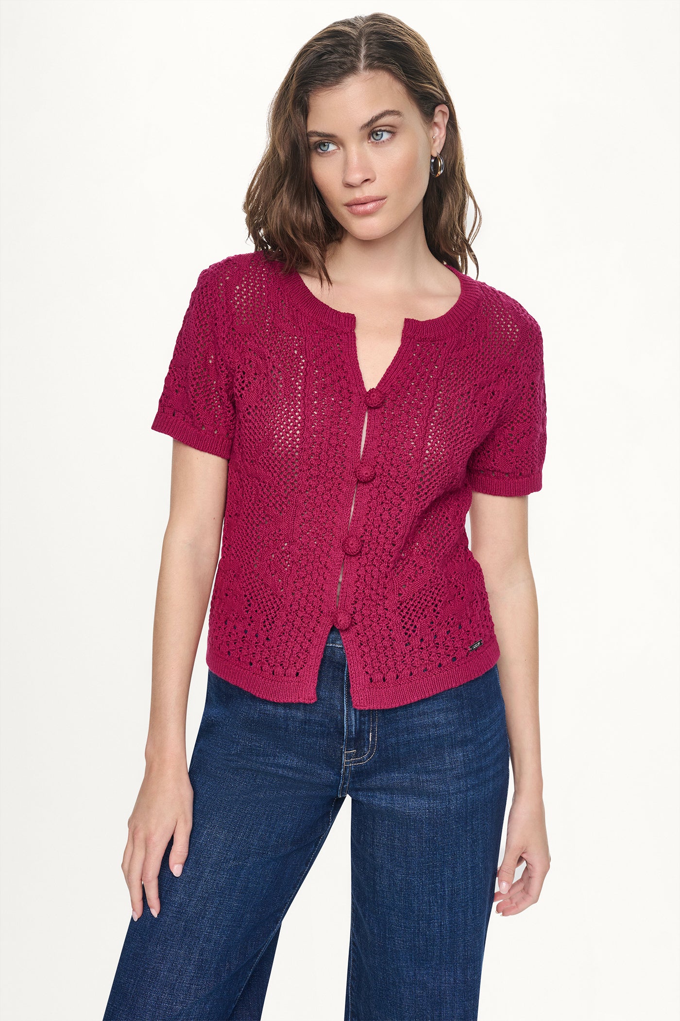 LACE STITCH BUTTON FRONT CARDIGAN VIEW 2