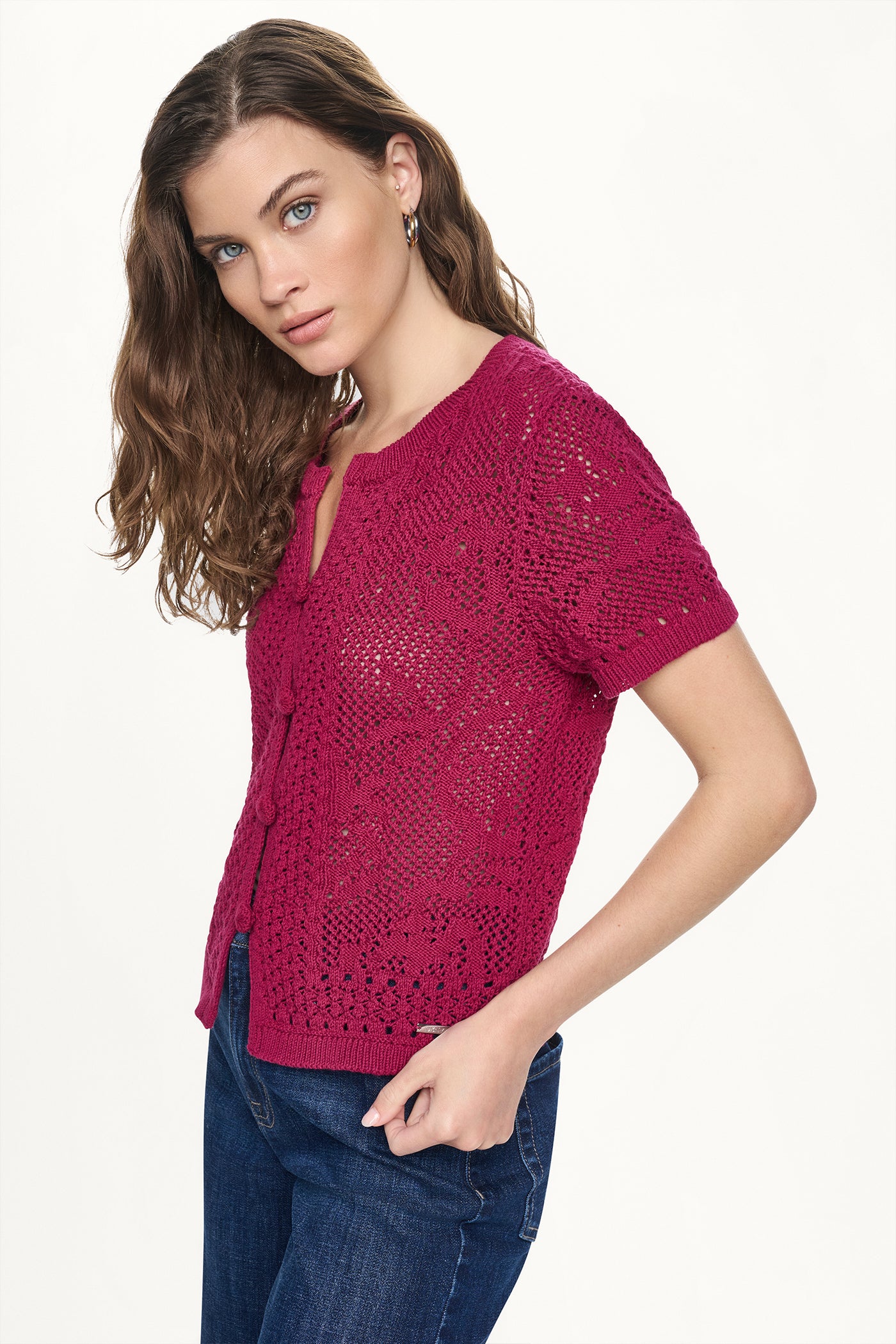 LACE STITCH BUTTON FRONT CARDIGAN VIEW 2