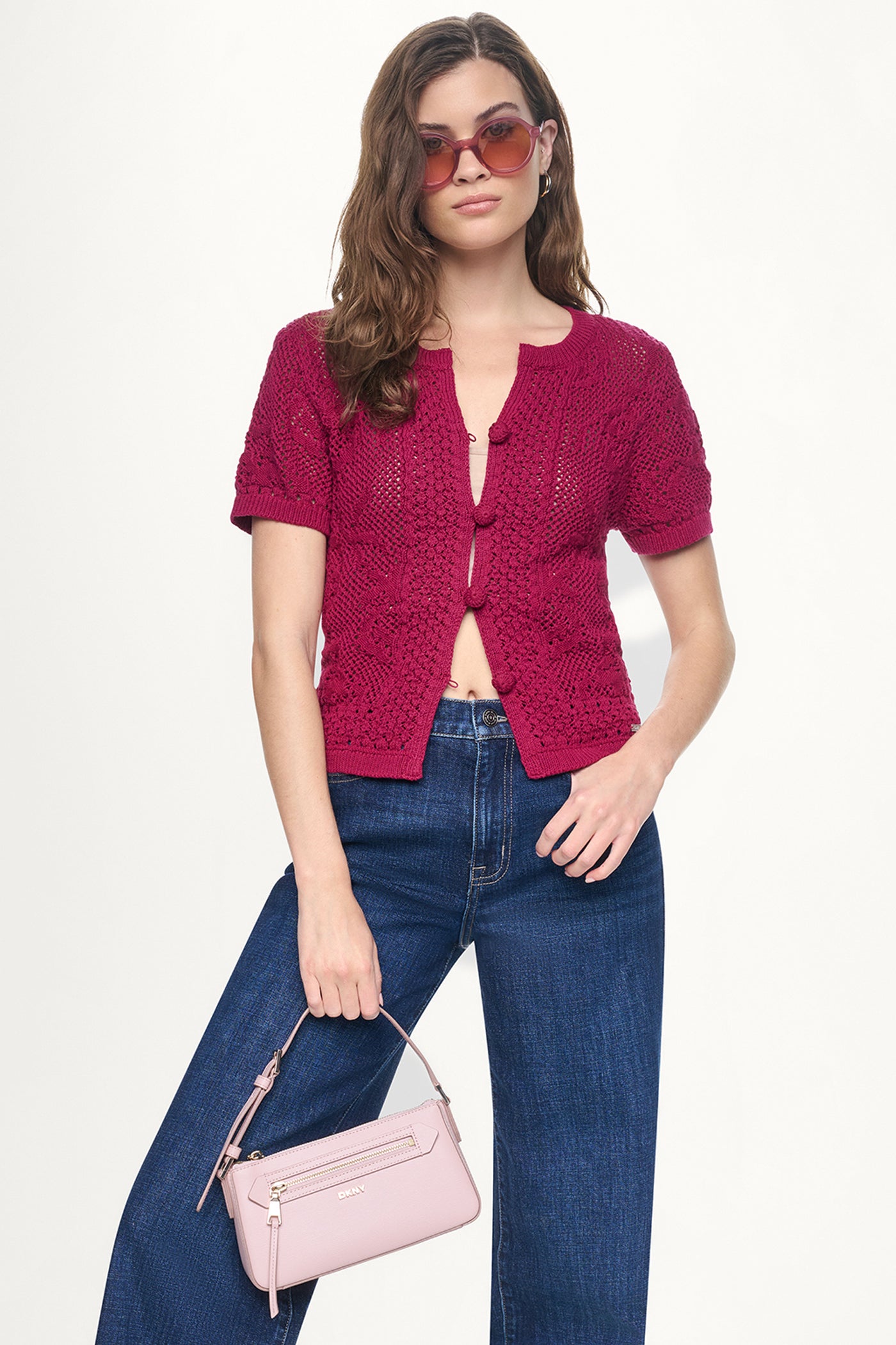 LACE STITCH BUTTON FRONT CARDIGAN View 1 | DKNY JEANS LACE STITCH BUTTON FRONT CARDIGAN View 1 | DKNY JEANS