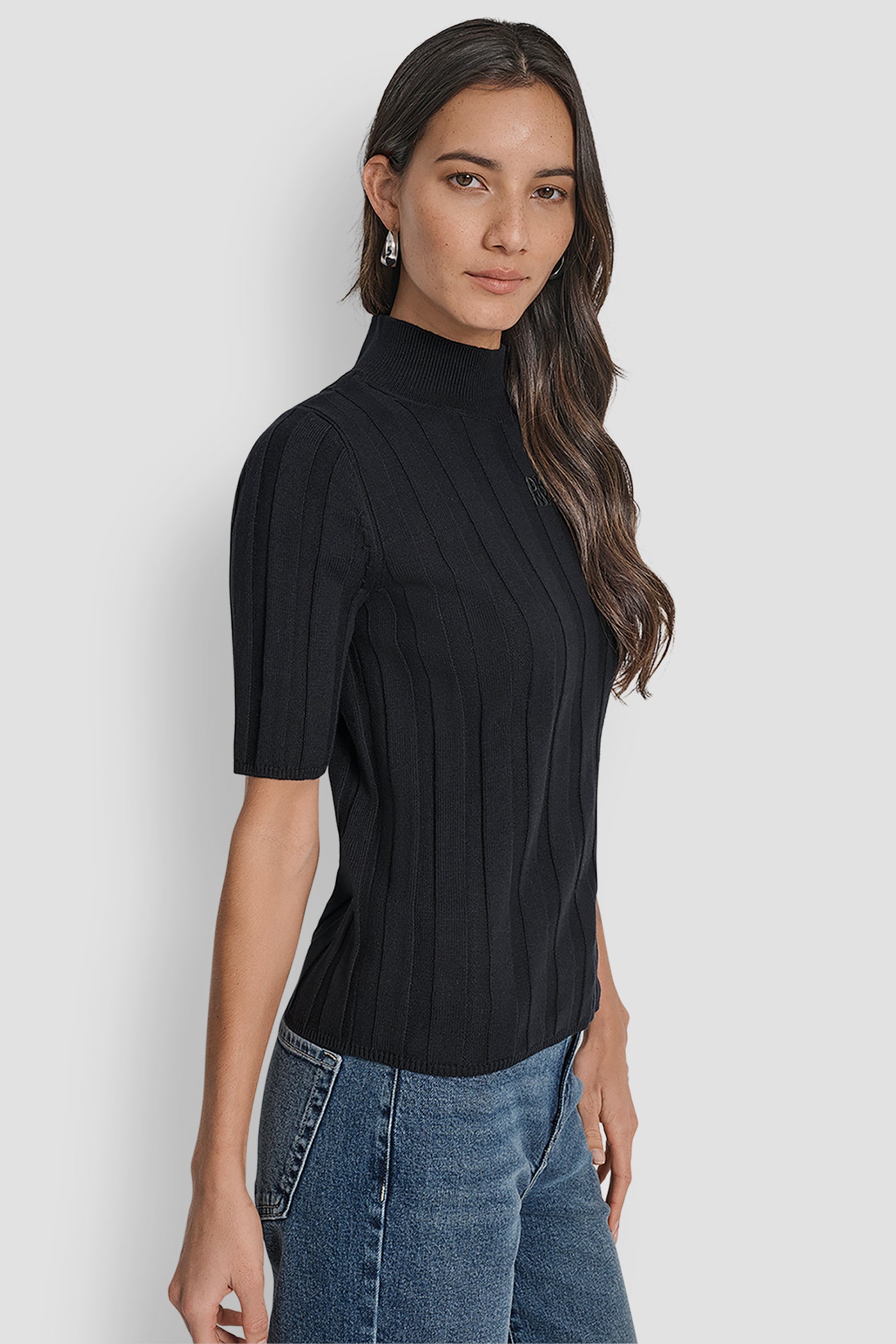 ELBOW SLEEVE WIDE RIB MOCK NECK WITH LOGO PATCH VIEW 3 | New Arrivals ELBOW SLEEVE WIDE RIB MOCK NECK WITH LOGO PATCH VIEW 3 | New Arrivals