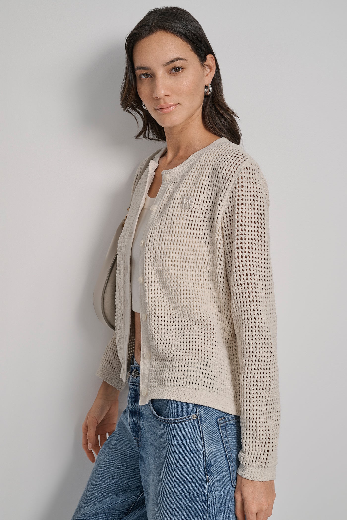 LOGO-EMBELLISHED OPEN-KNIT CARDIGAN VIEW 3 LOGO-EMBELLISHED OPEN-KNIT CARDIGAN VIEW 3