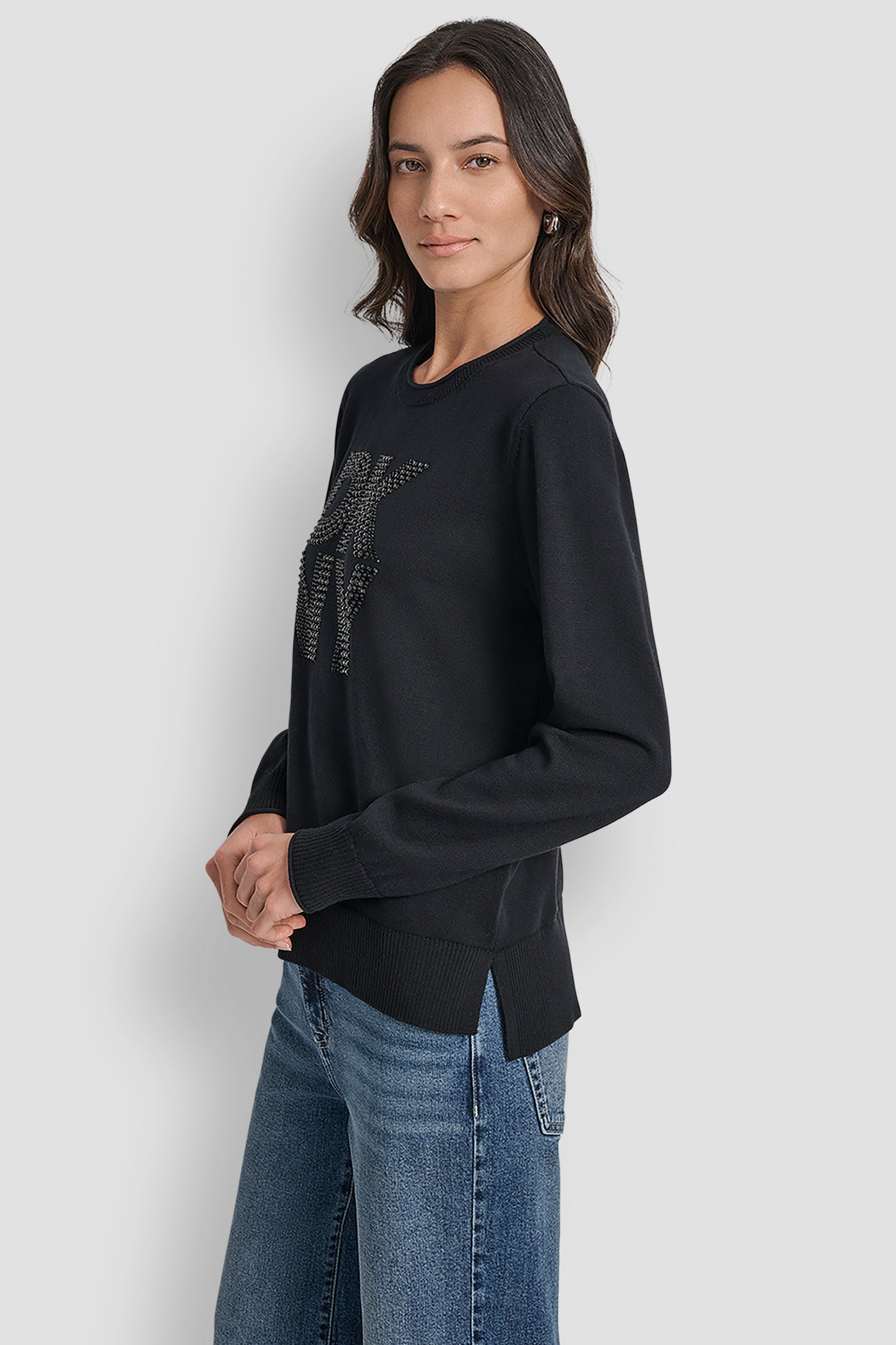 DKNY STACKED RHINESTONE LOGO LONG SLEEVE CREW NECK VIEW 3 | New Arrivals DKNY STACKED RHINESTONE LOGO LONG SLEEVE CREW NECK VIEW 3 | New Arrivals